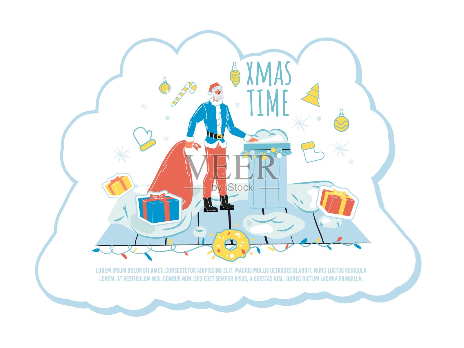 圣诞时间海报与圣诞老人拿着礼物袋插画图片素材