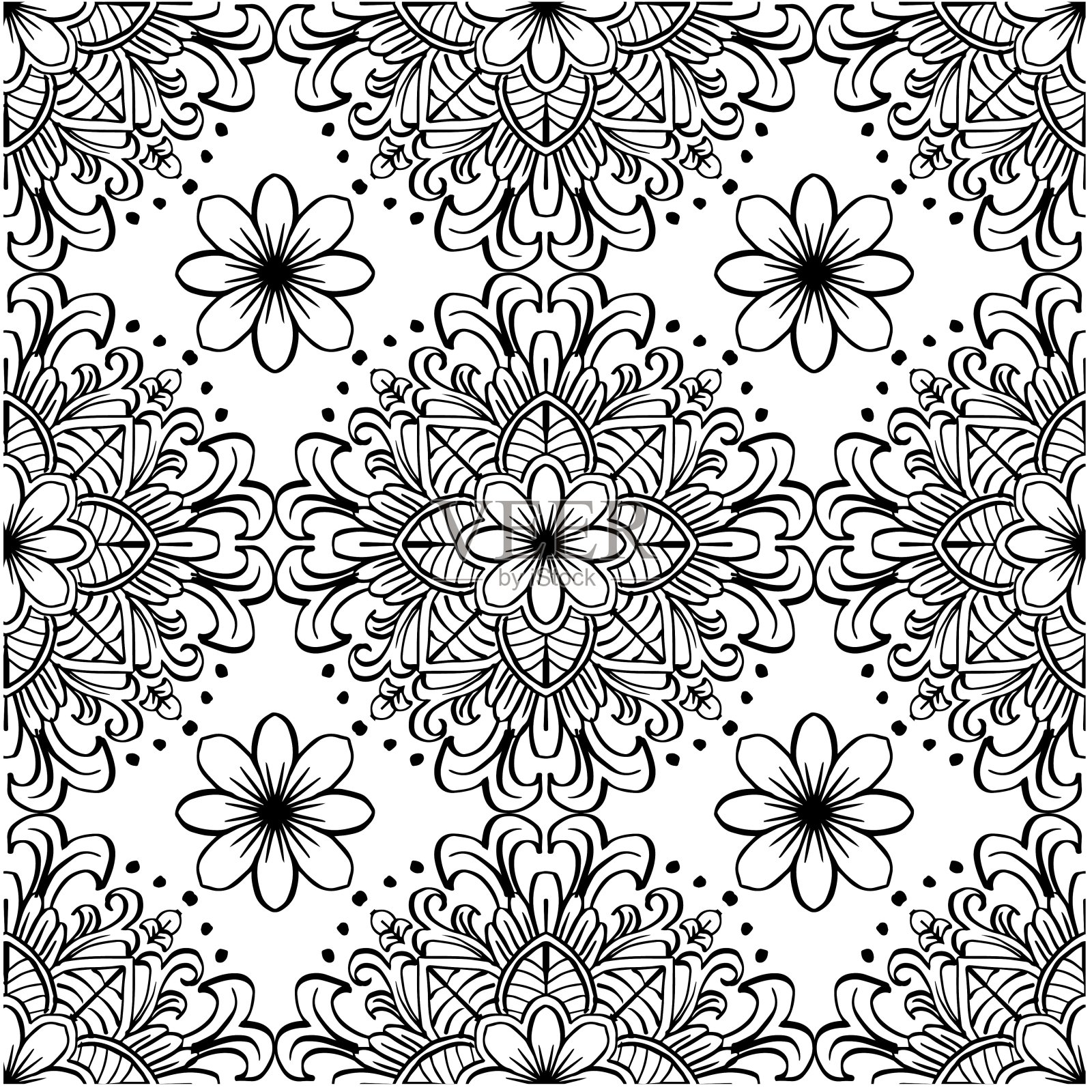 无缝图案花卉观赏在黑色和白色插画图片素材