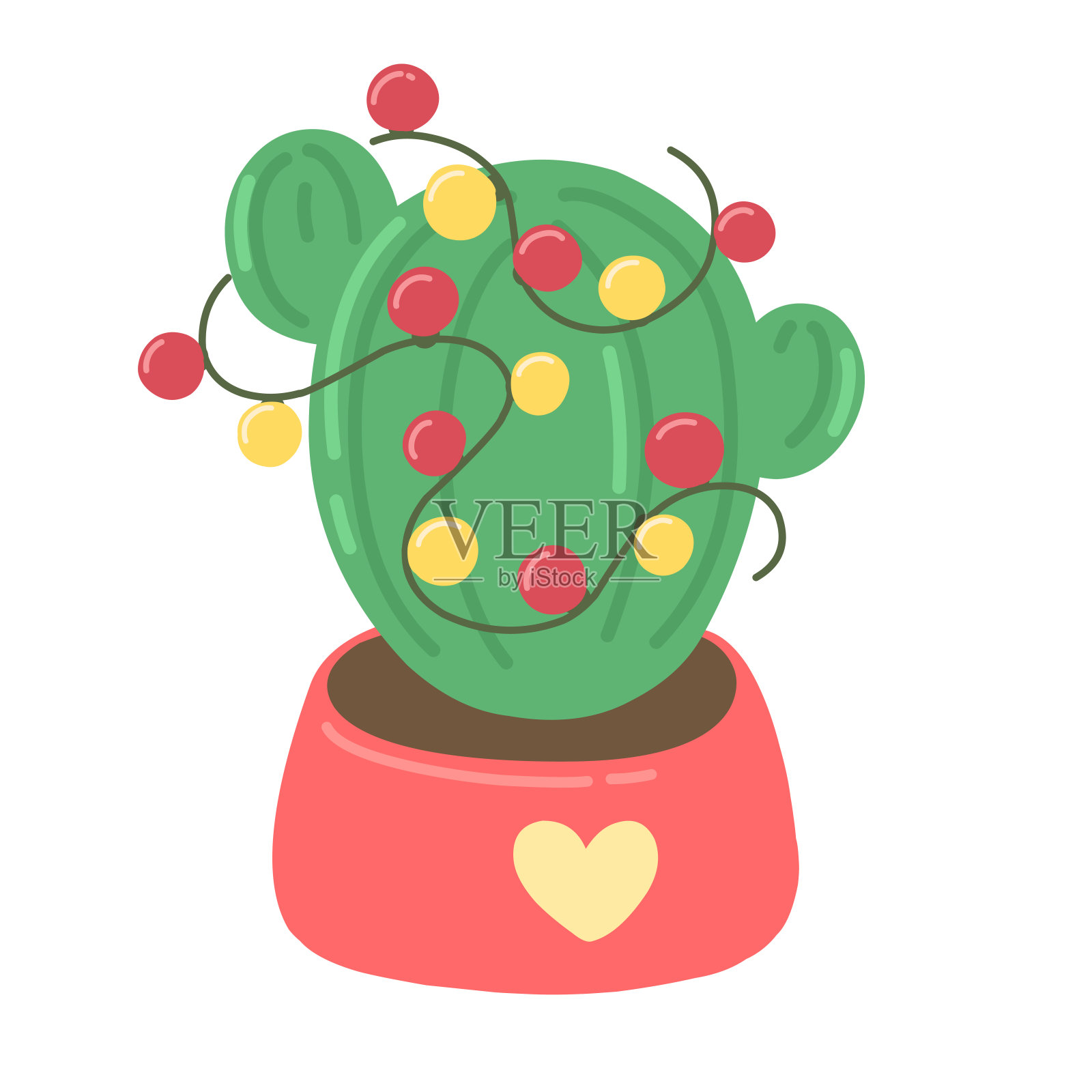 带着花环的仙人掌,欢度圣诞。向量室内植物隔离。设计元素图片