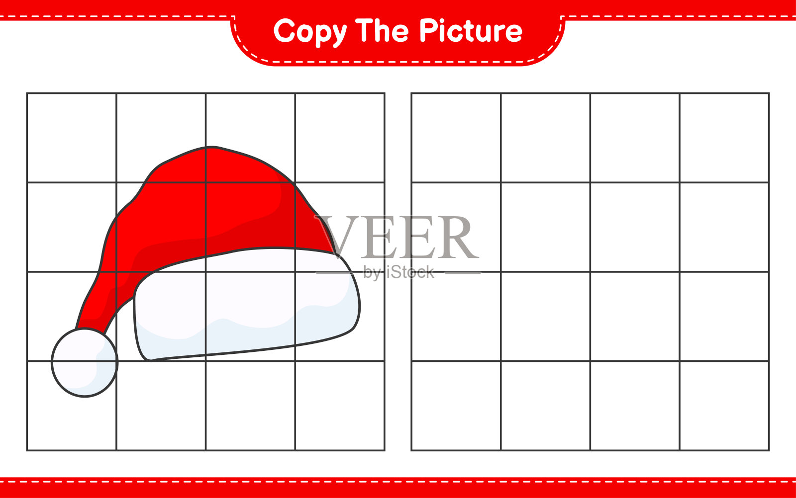 复制图片,使用网格线复制圣诞帽的图片。教育儿童游戏,可打印的工作表,矢量插图插画图片素材