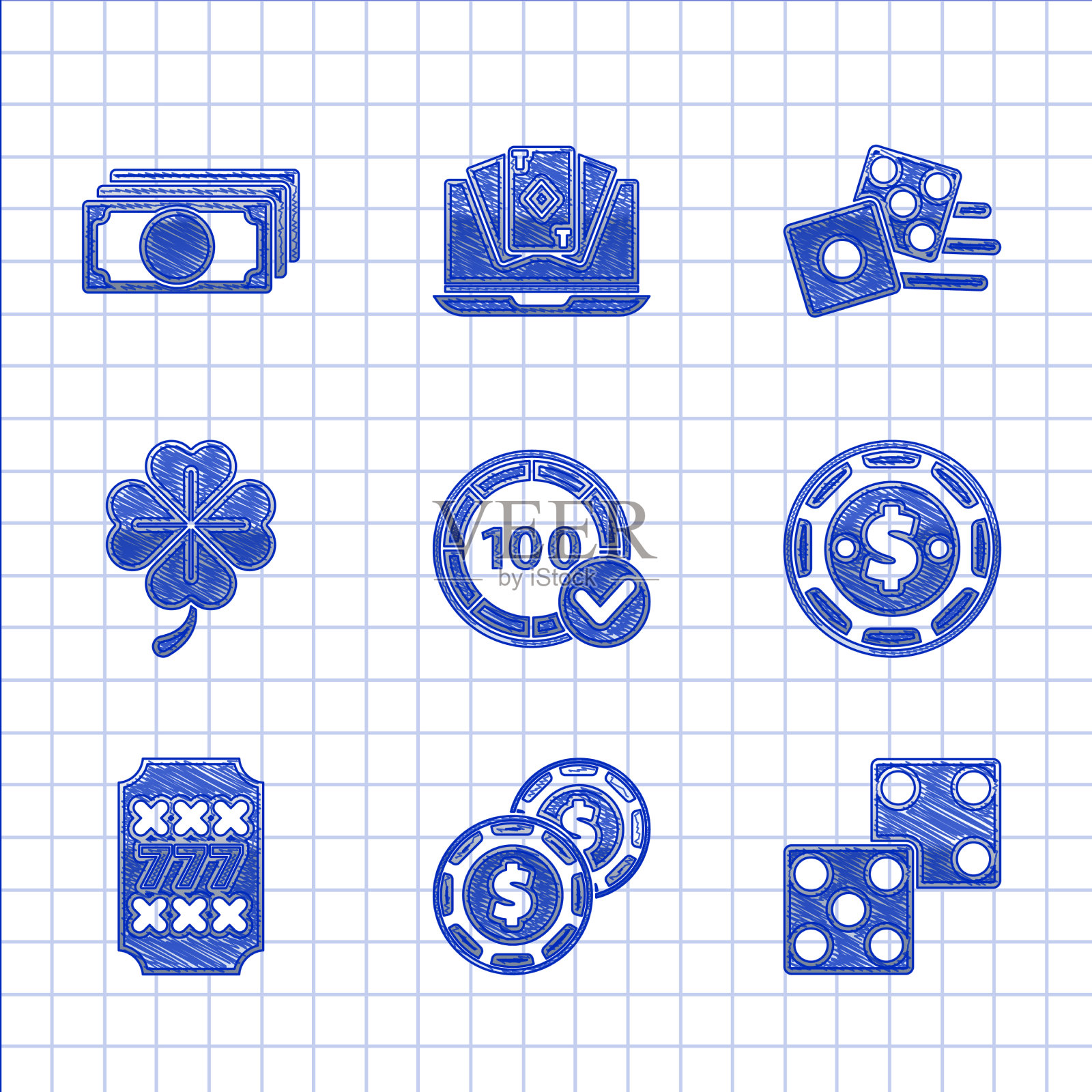 设置赌场筹码与美元游戏骰子插槽图标素材