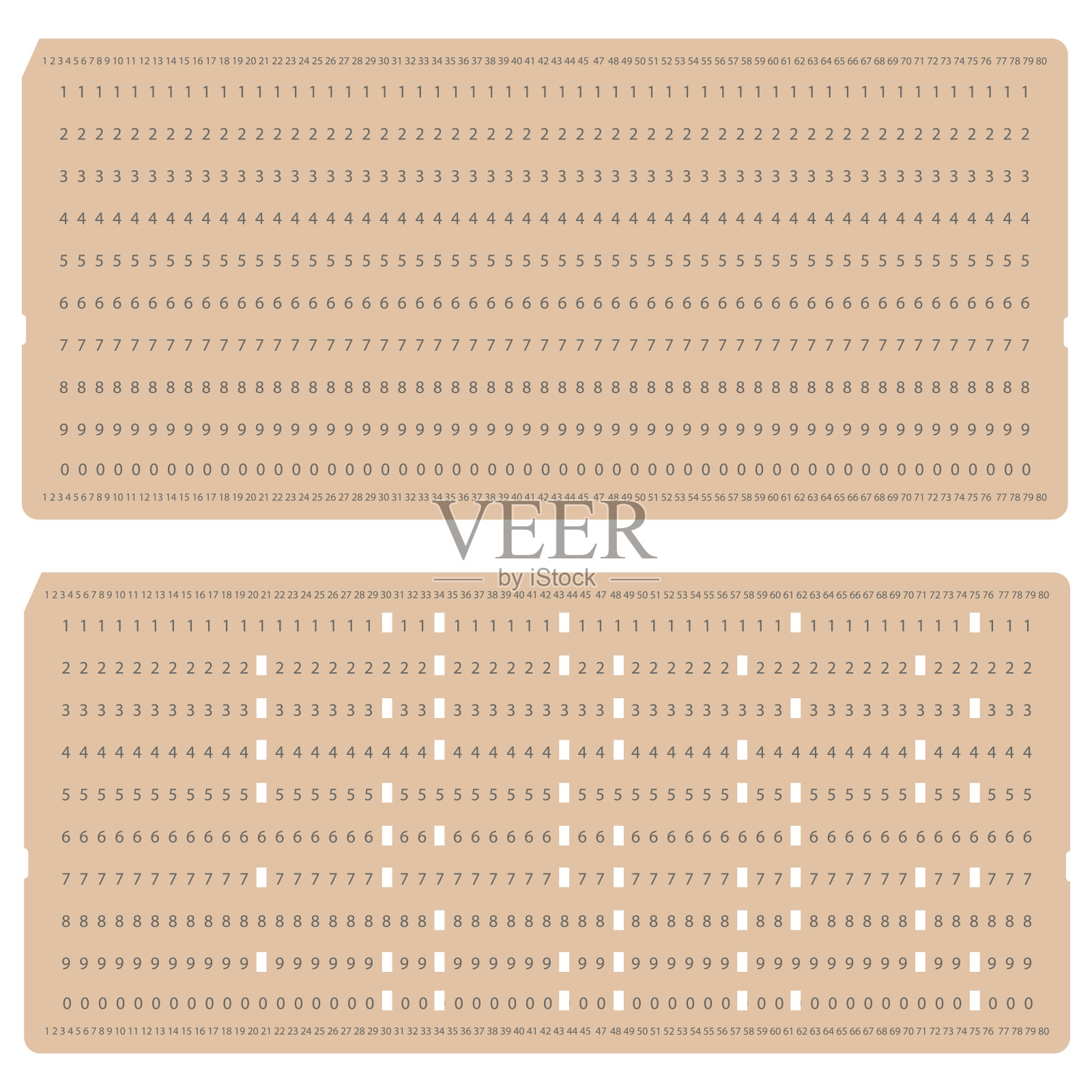 老式计算机数据存储。白纸打孔卡片隔离在白色背景上插画图片素材