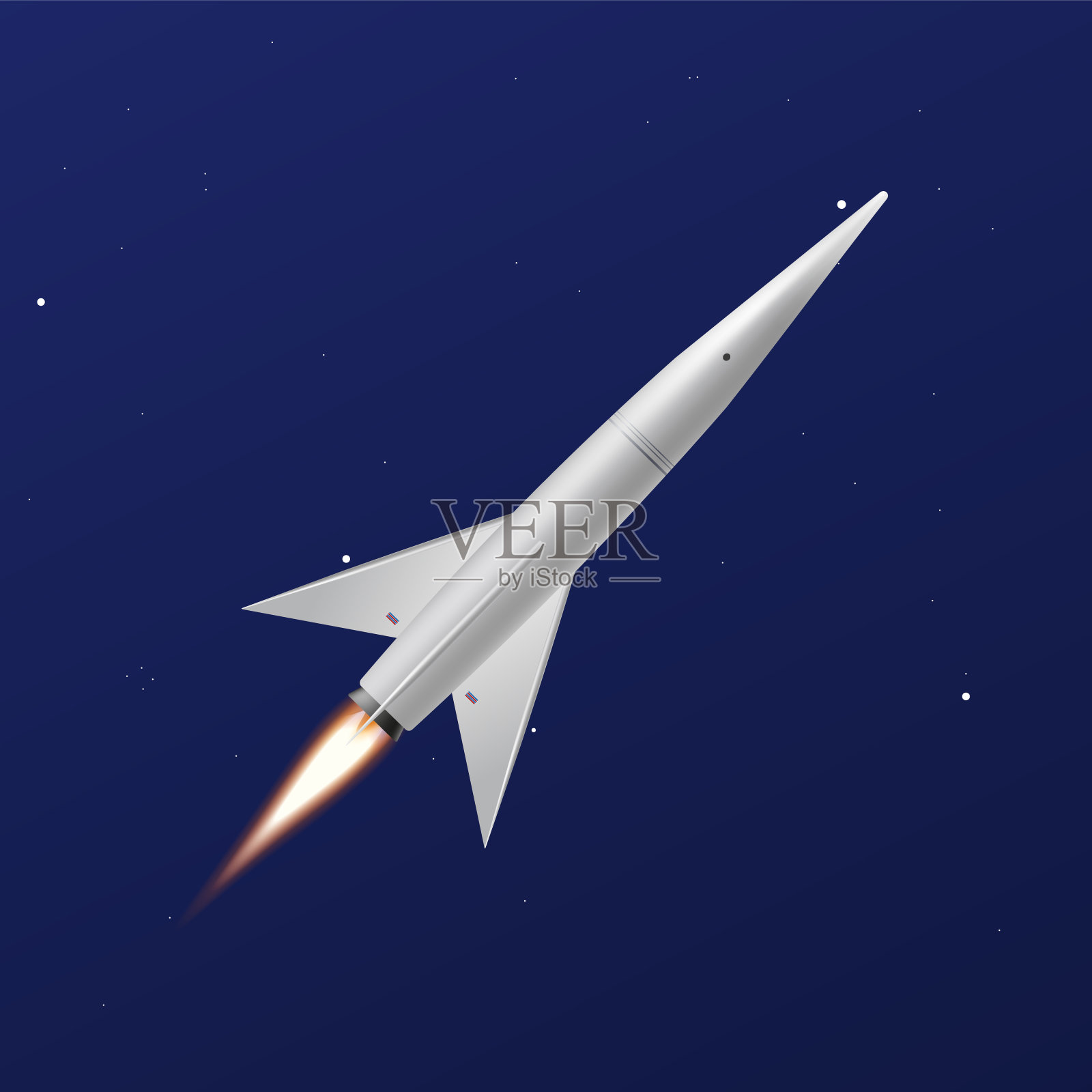 3D现实火箭起飞后直接飞向太空发射。在渐变夜空中穿梭,矢量插图。插画图片素材