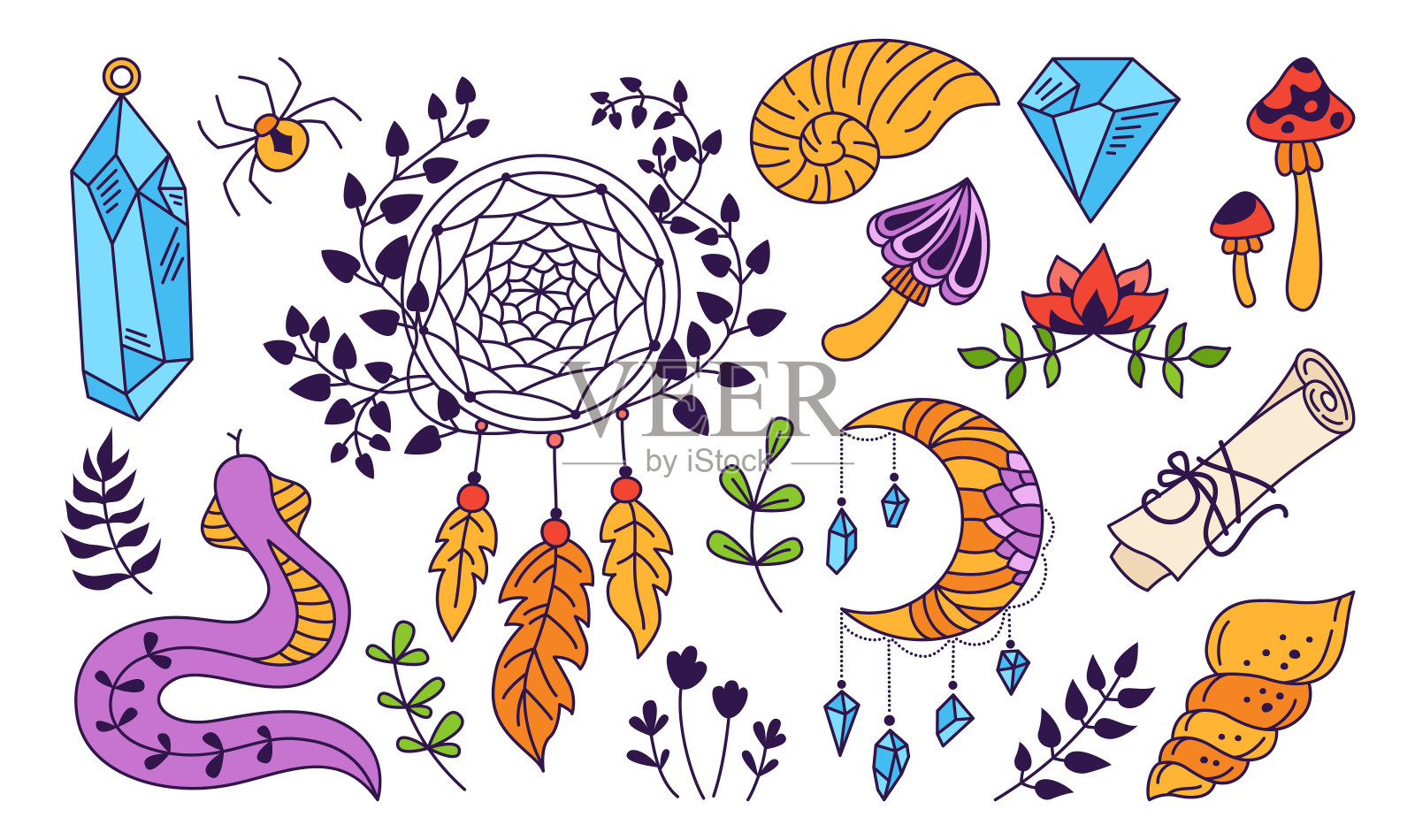 神秘的轮廓集巫术符号水晶精神波西米亚涂鸦手绘神秘元素插画图片素材