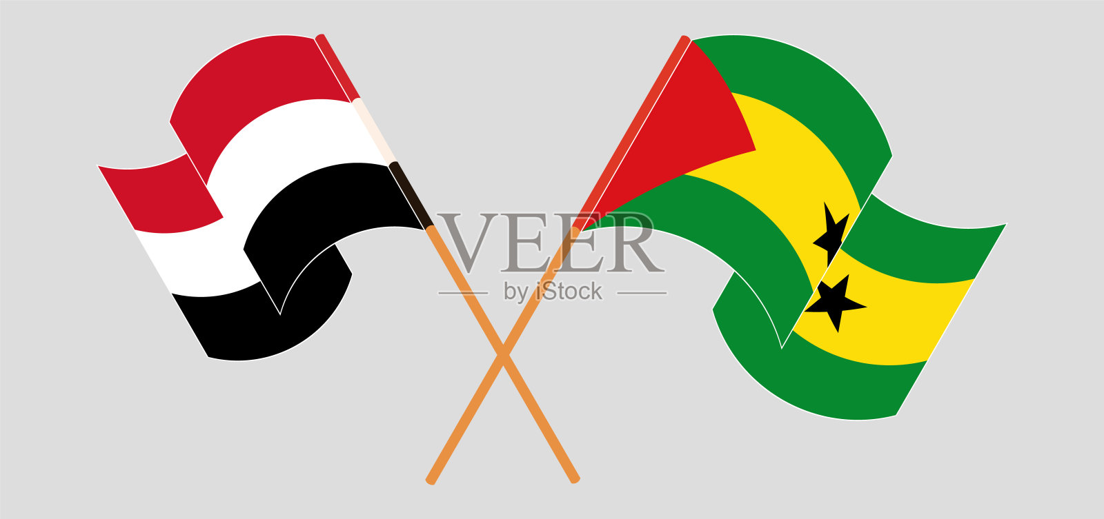 也门与圣多美和普林西比交叉飘扬的旗帜设计元素图片