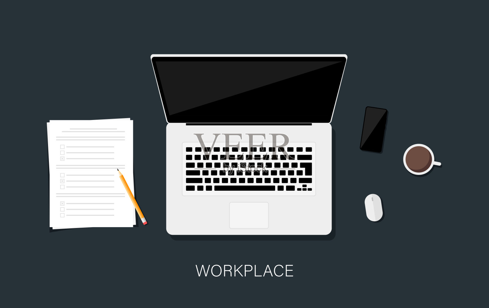 工作场所,笔记本电脑,电话,纸,笔,咖啡。俯视图的工作空间。矢量图插画图片素材