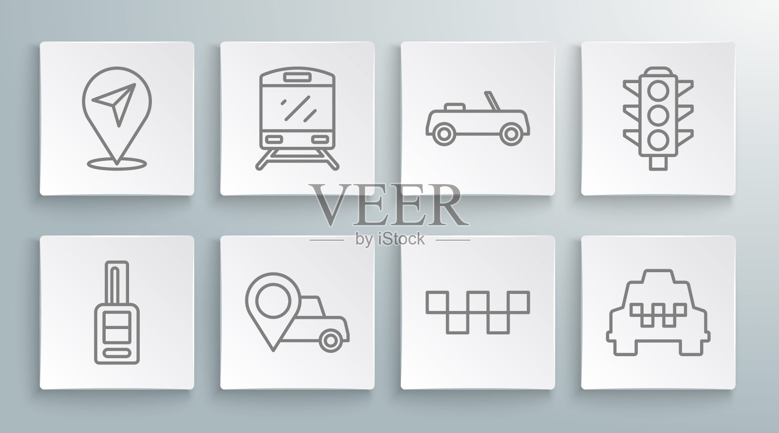 设置线车钥匙与遥控,火车,位置出租车,出租车车顶,交通灯和图标。向量图标素材