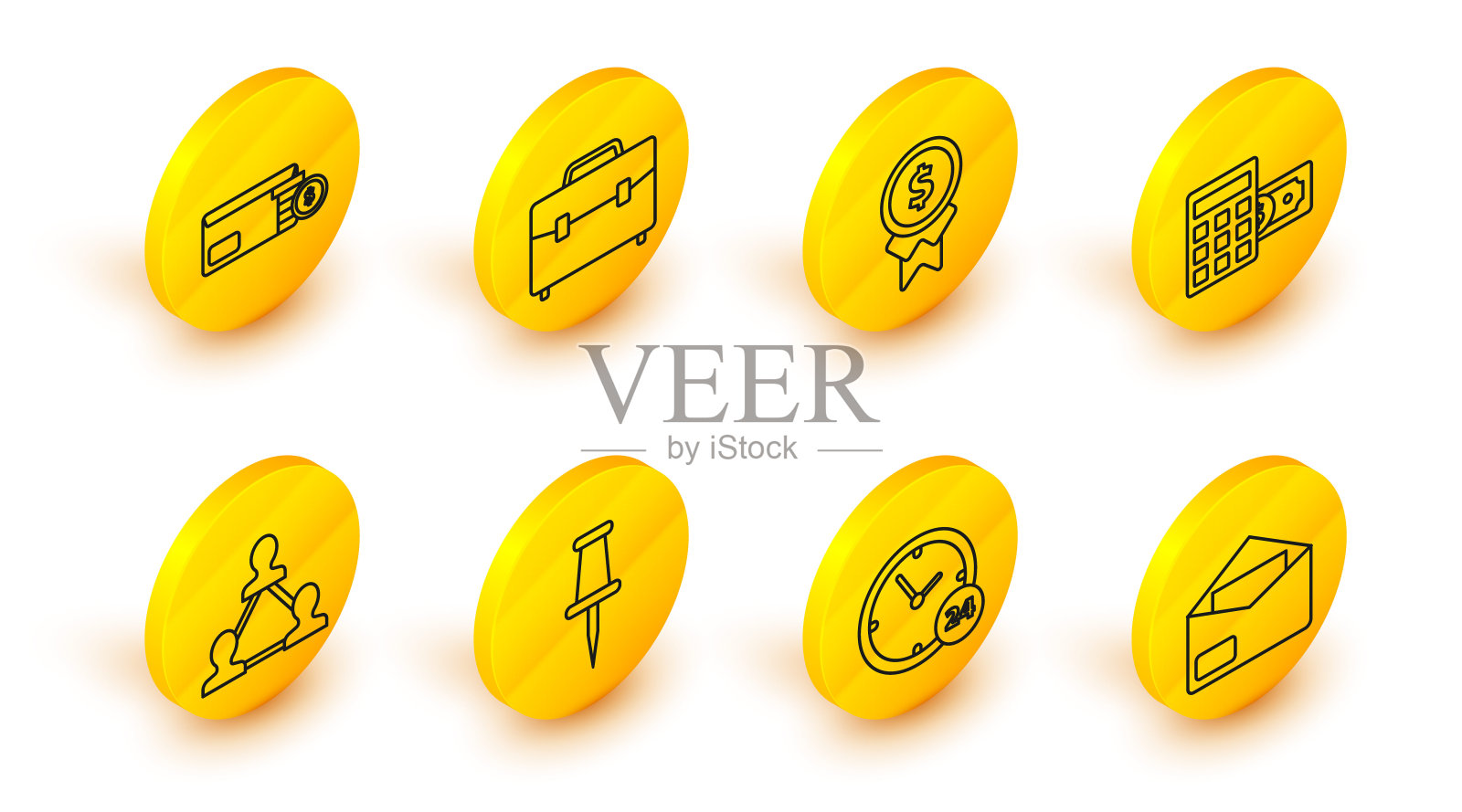 设置线信封,时钟24小时,推销,项目团队基地,美元符号计算器,奖励好工作,公文包和硬币图标。向量图标素材