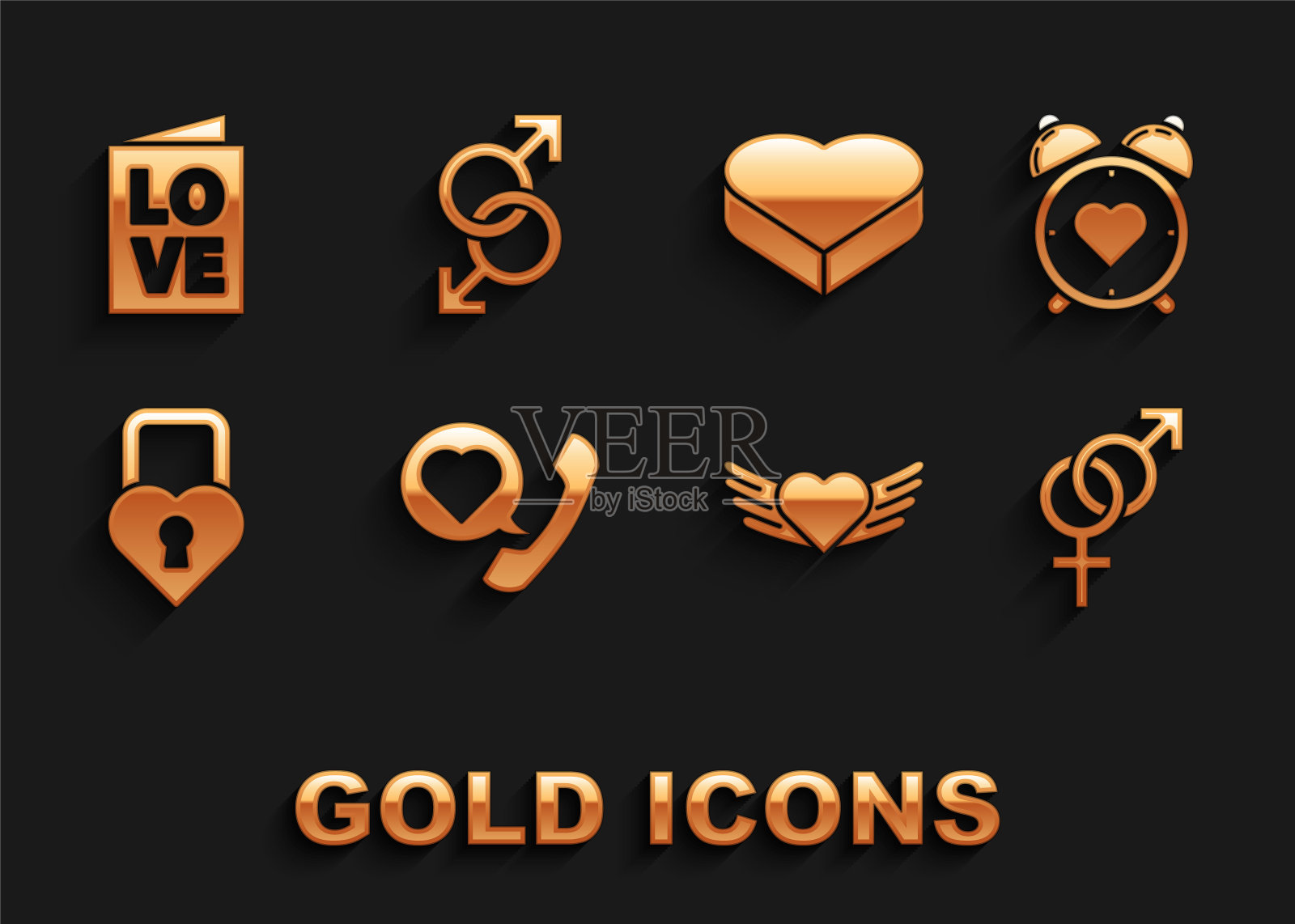 设置电话与心语音泡泡,心在中心闹钟,性别,翅膀,城堡形状,糖果形状的盒子,情人节派对传单和男性性别符号图标。向量图标素材