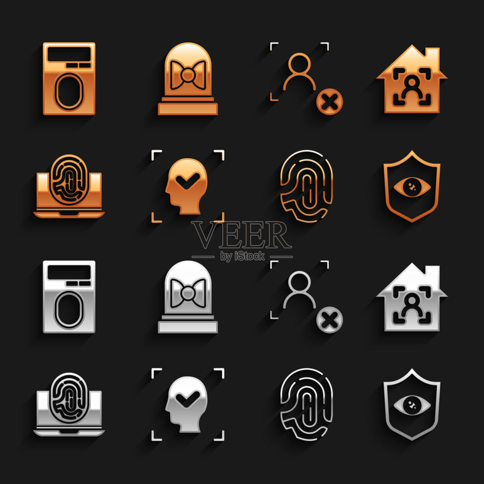 设置人脸识别,智能家居人脸id,屏蔽眼扫描,指纹,笔记本电脑指纹,拒绝,锁定和运动传感器图标。向量图标素材