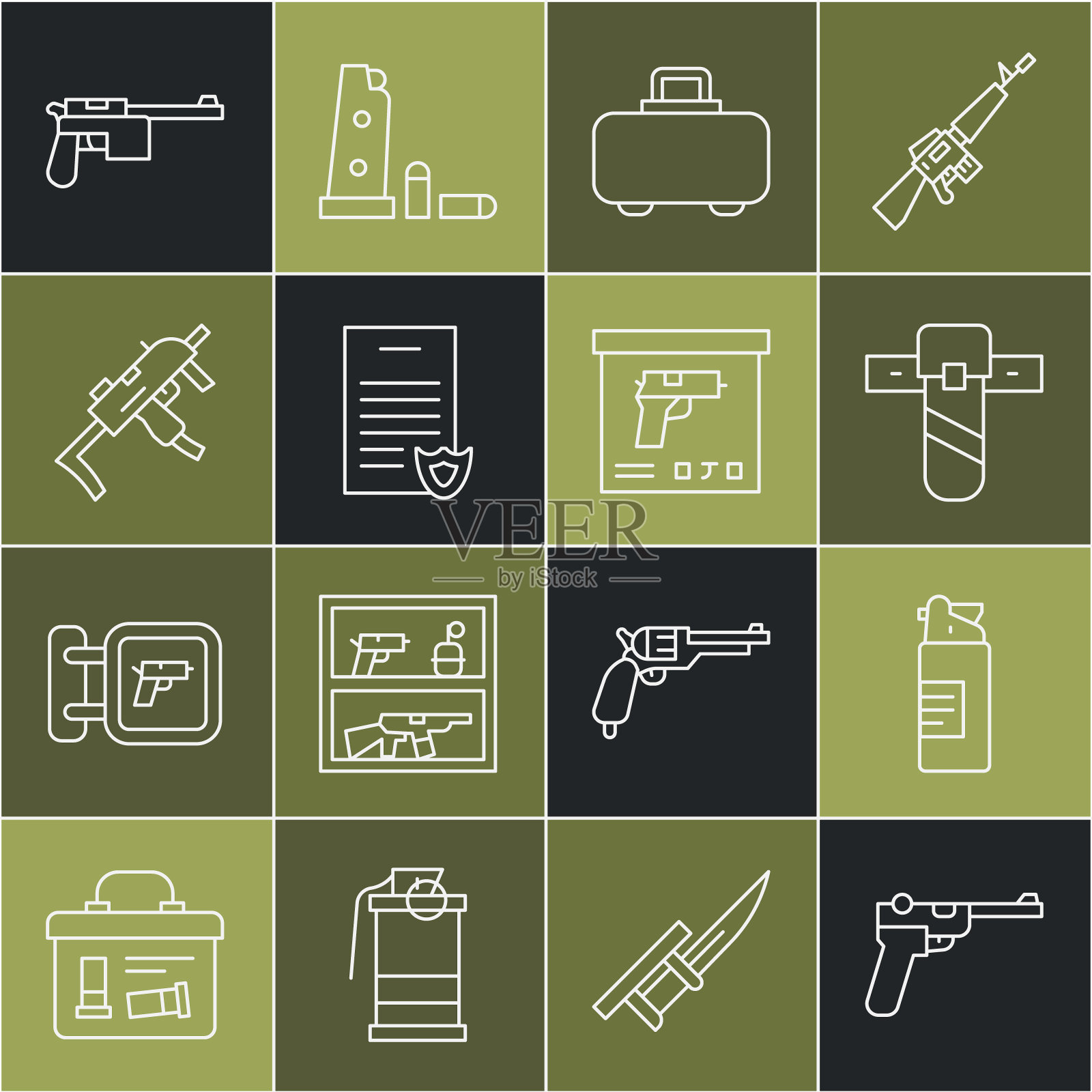 设置线毛瑟枪,武器油瓶,刀皮套,案件,枪支许可证证书,MP9I冲锋机,和军事弹药箱图标。向量图标素材