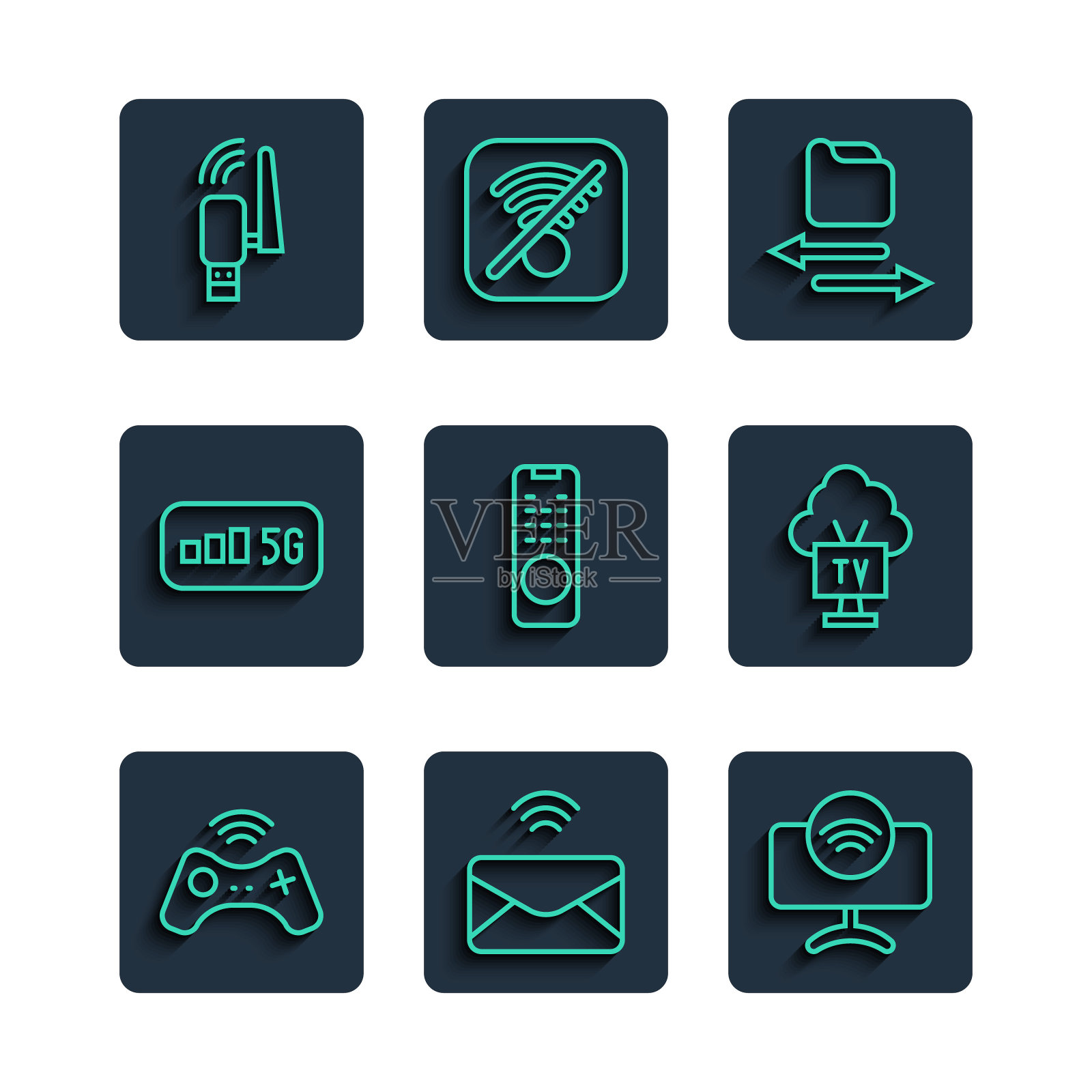 无线手柄,邮件和电子邮件,智能电视系统,传输文件,遥控器,5G无线互联网,Usb适配器和图标。向量图标素材