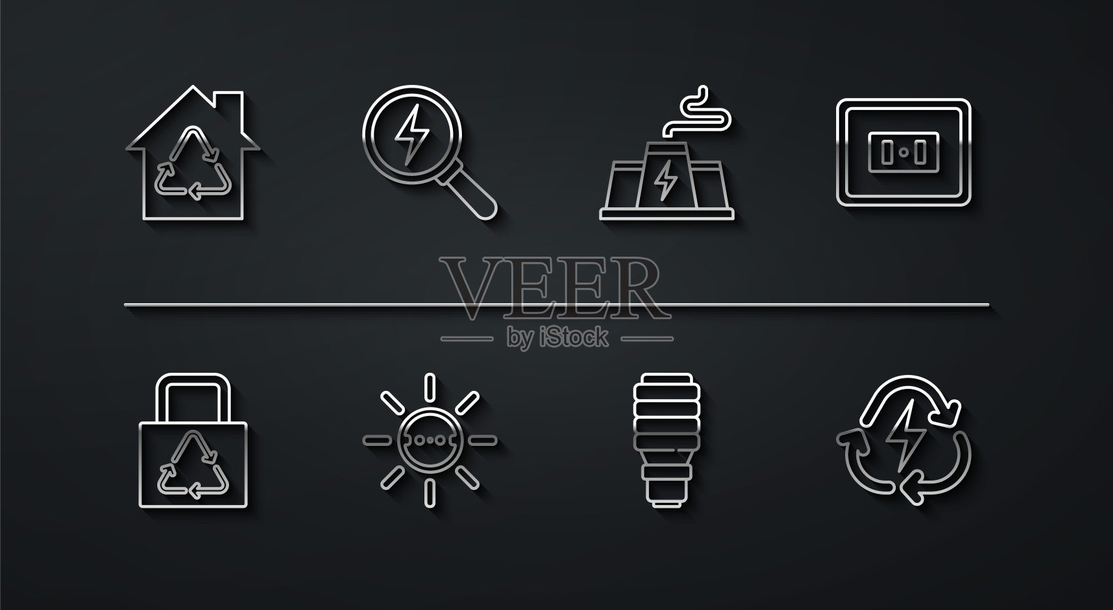设置线生态住宅与回收,纸袋回收,插座,LED灯泡,太阳能电池板,闪电螺栓,电池和电站工厂图标。向量图标素材