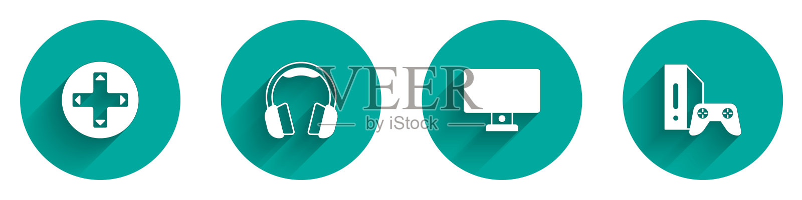 设置游戏手柄或操纵杆,耳机,电脑显示器和控制台图标与长阴影。向量插画图片素材