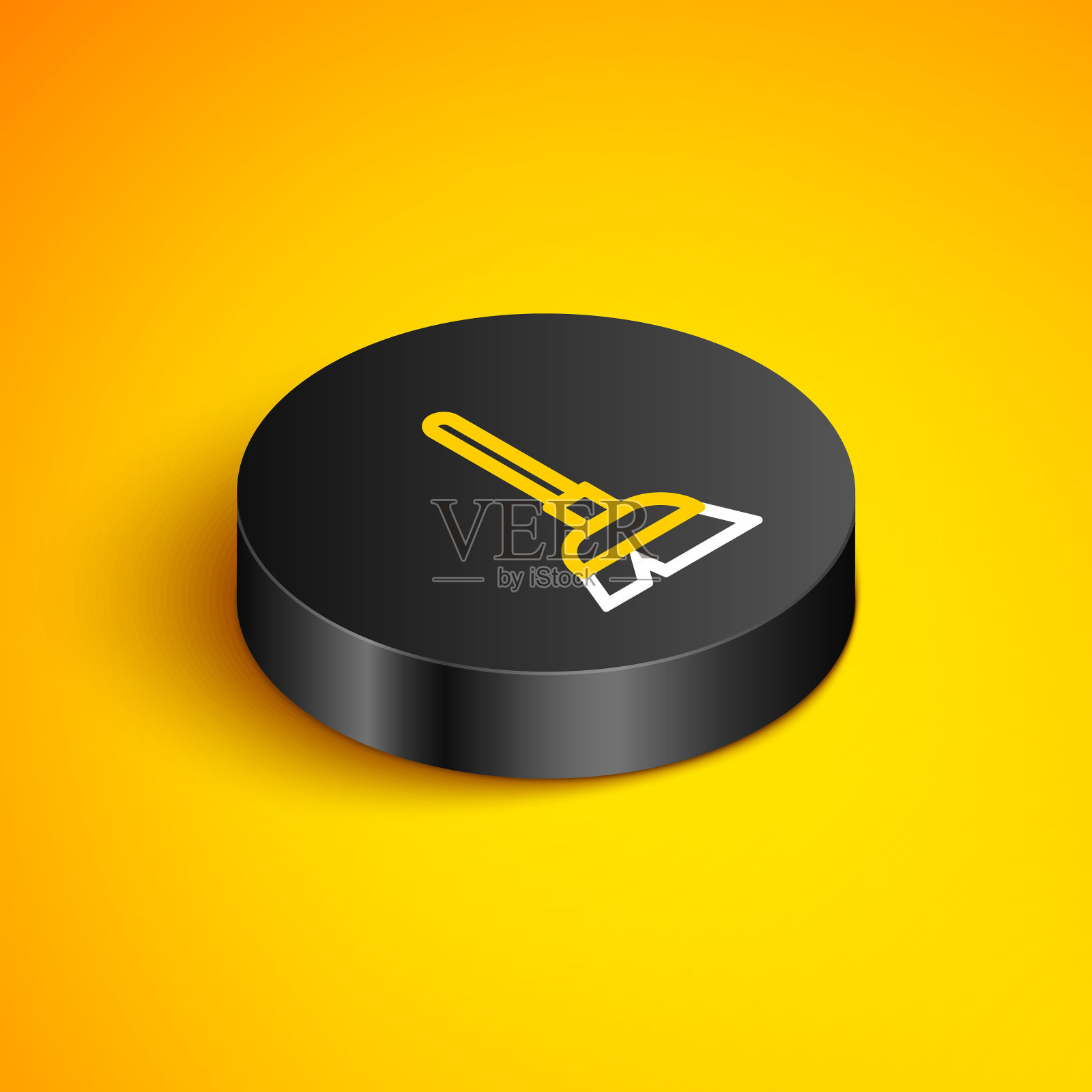 手柄扫帚图标孤立在黄色背景上。清洁服务理念。黑色圆按钮。向量插画图片素材