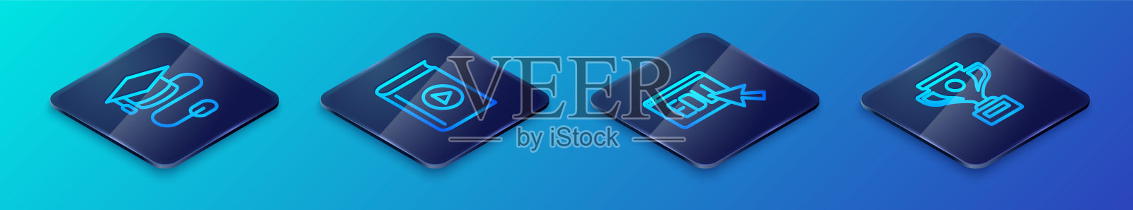 设置等距线在线教育,毕业帽鼠标,奖励杯和有声书图标。向量插画图片素材