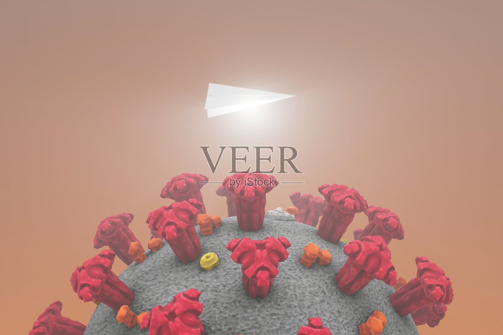 冠状病毒旅行限制、纸飞机和covid细胞。三维演示照片摄影图片