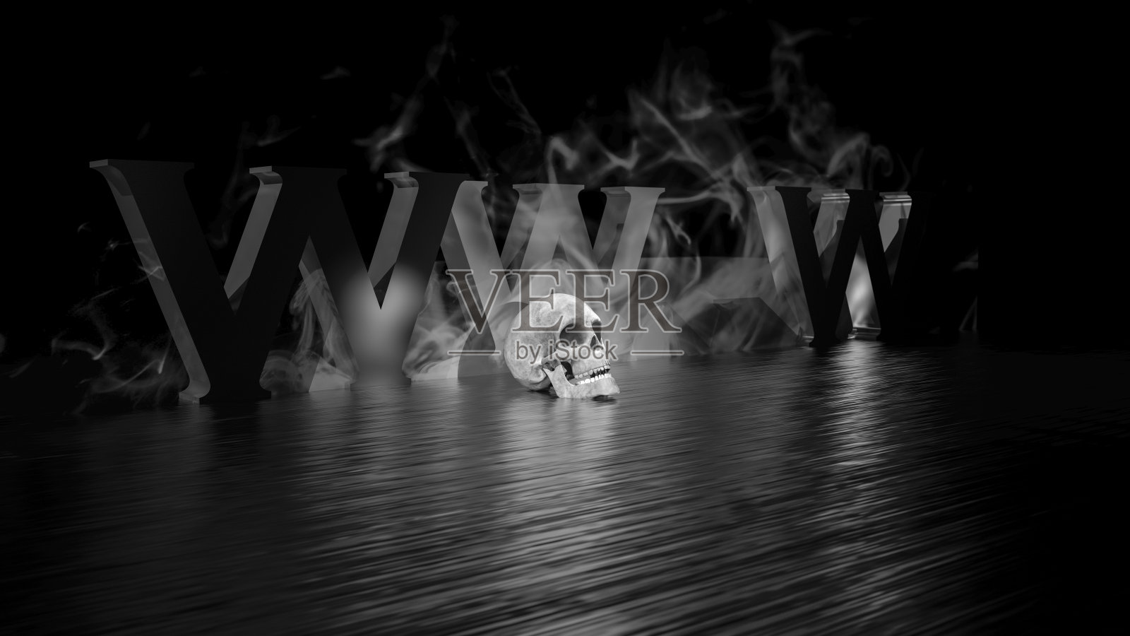 黑暗的网络。3d黑色文本与头骨和烟雾。照片摄影图片