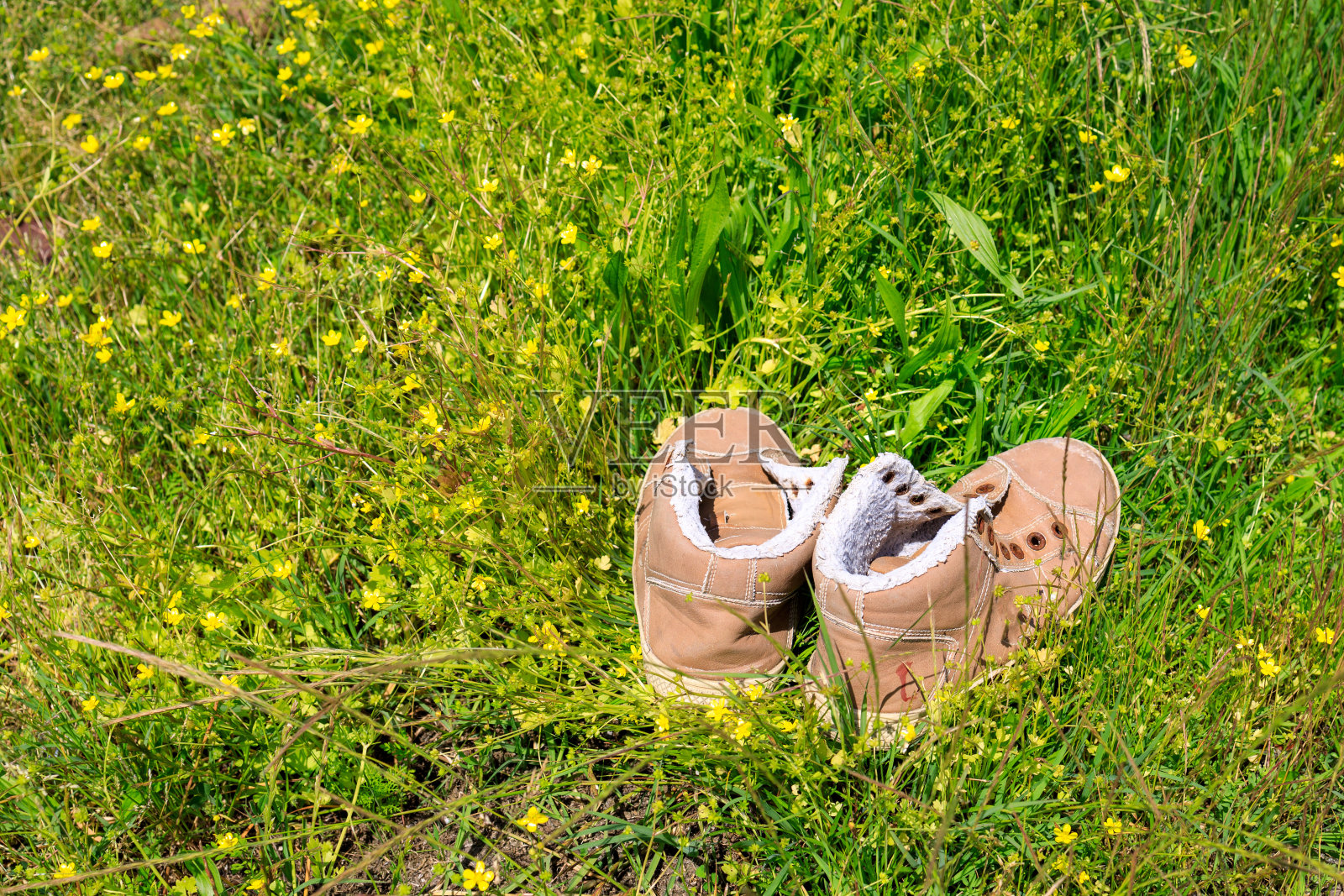黄色的鞋子留在绿色的草地上照片摄影图片