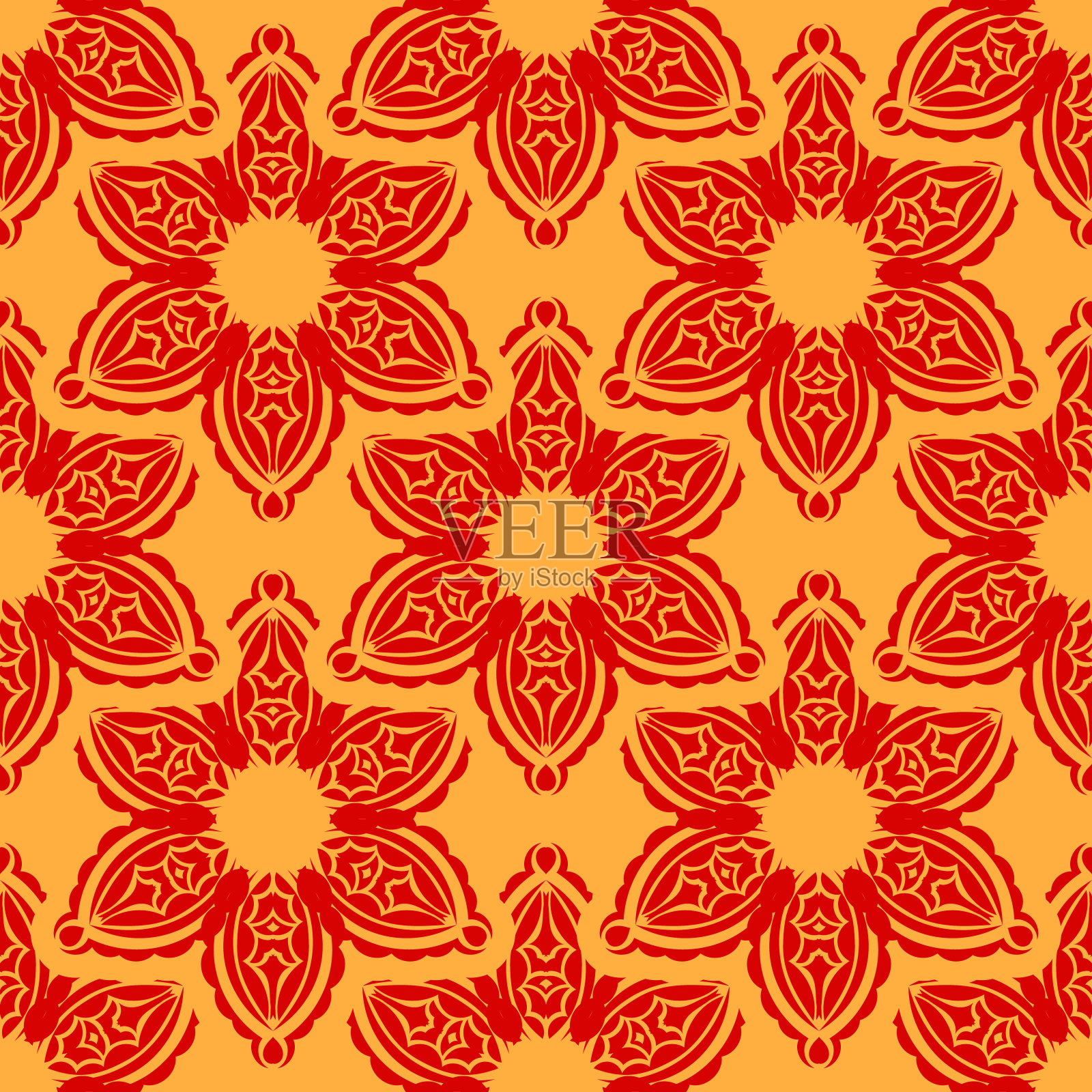 红色和黄色无缝图案与复古装饰。适合做背景、印花、服装和纺织品。矢量插图。插画图片素材