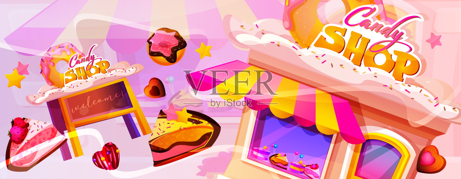 卡通风格的糖果店和糖果彩色抽象背景。糖果的概念。创意矢量插图在EPS 10格式。插画图片素材