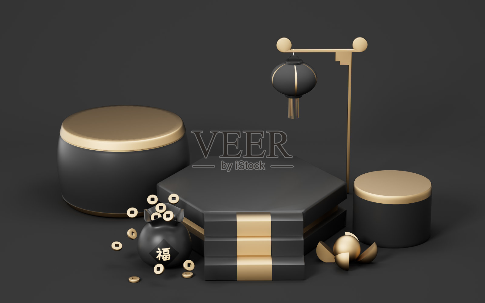 空舞台配中式背景,翻译上包“福”,3d渲染。照片摄影图片