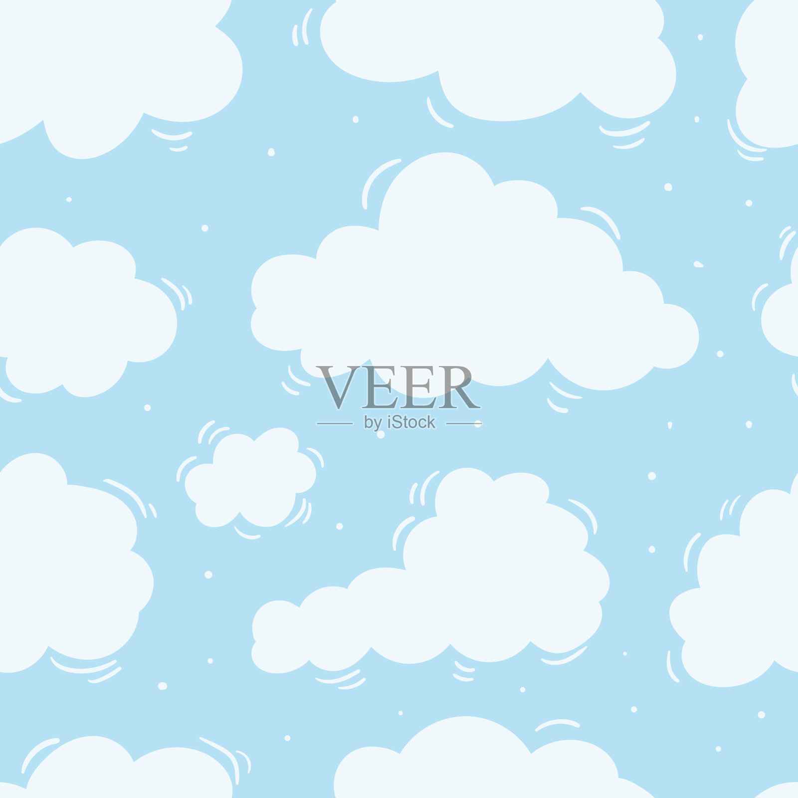 矢量无缝模式白色卡通云在蓝色的天空背景。插画图片素材