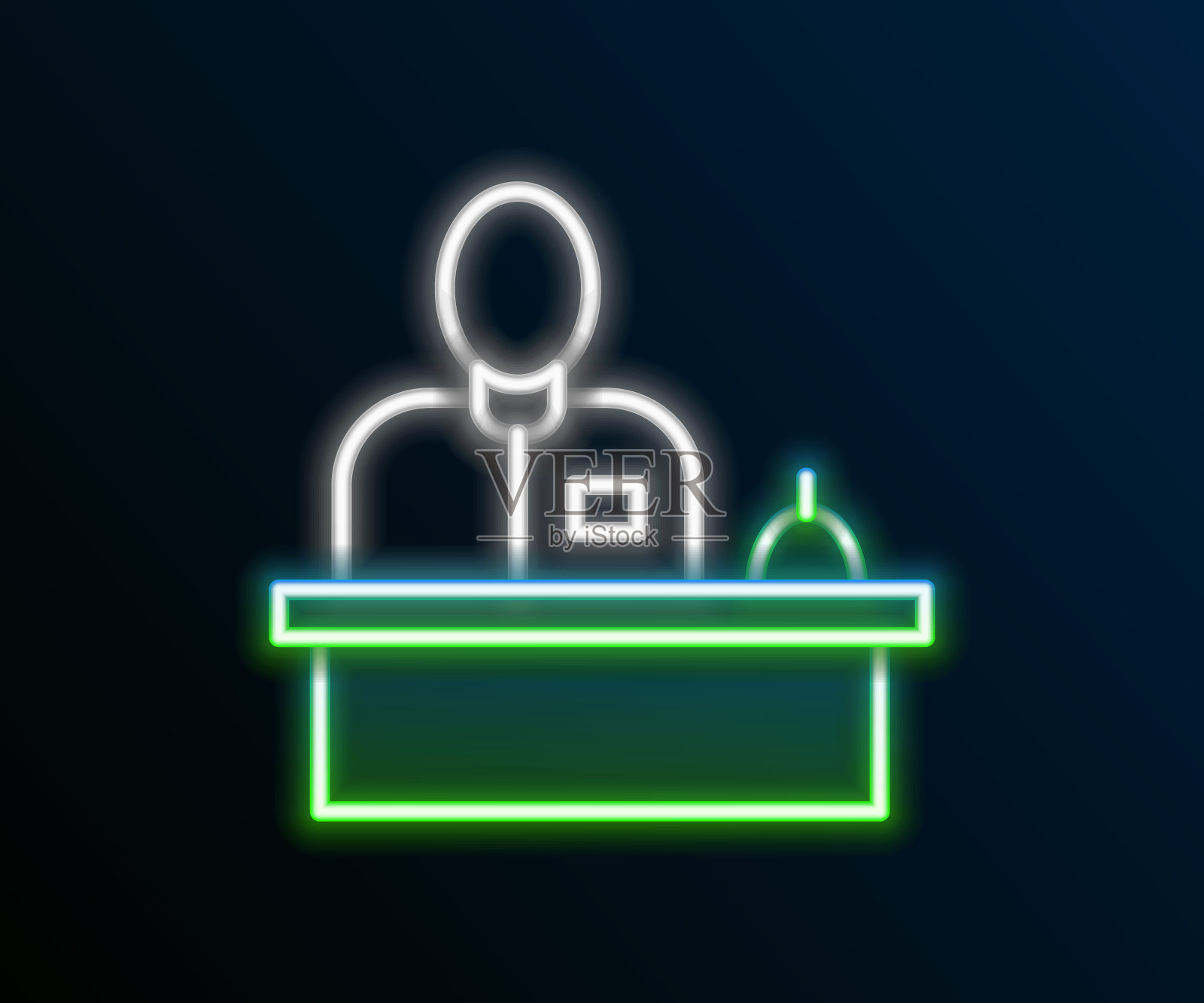 发光的霓虹灯线接待员站在酒店前台图标孤立的黑色背景。色彩斑斓的轮廓的概念。向量插画图片素材