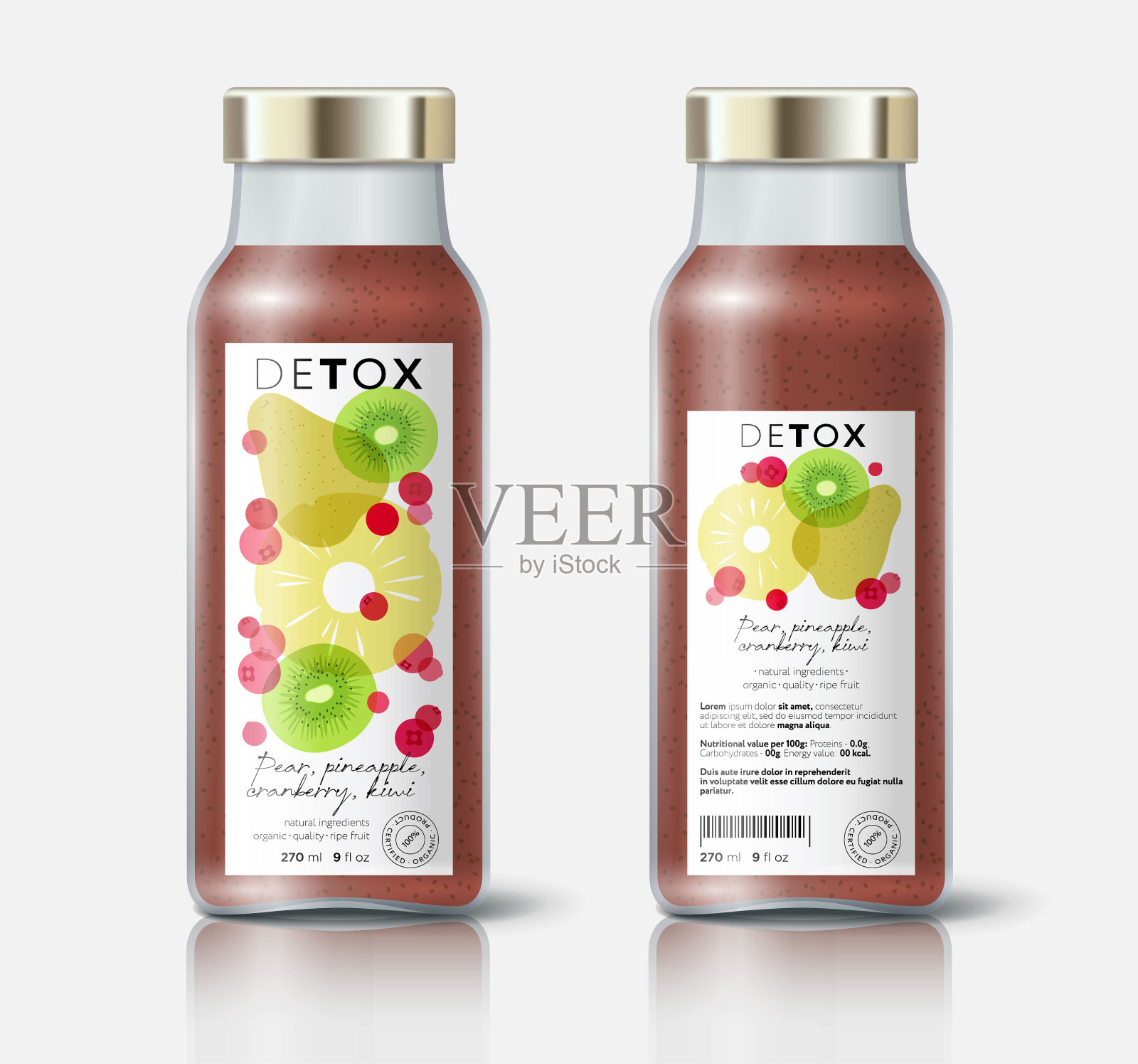 水果和浆果可以排毒。梨,蔓越莓,猕猴桃和菠萝的混合物。美丽透明的整个和切开的水果。插画图片素材