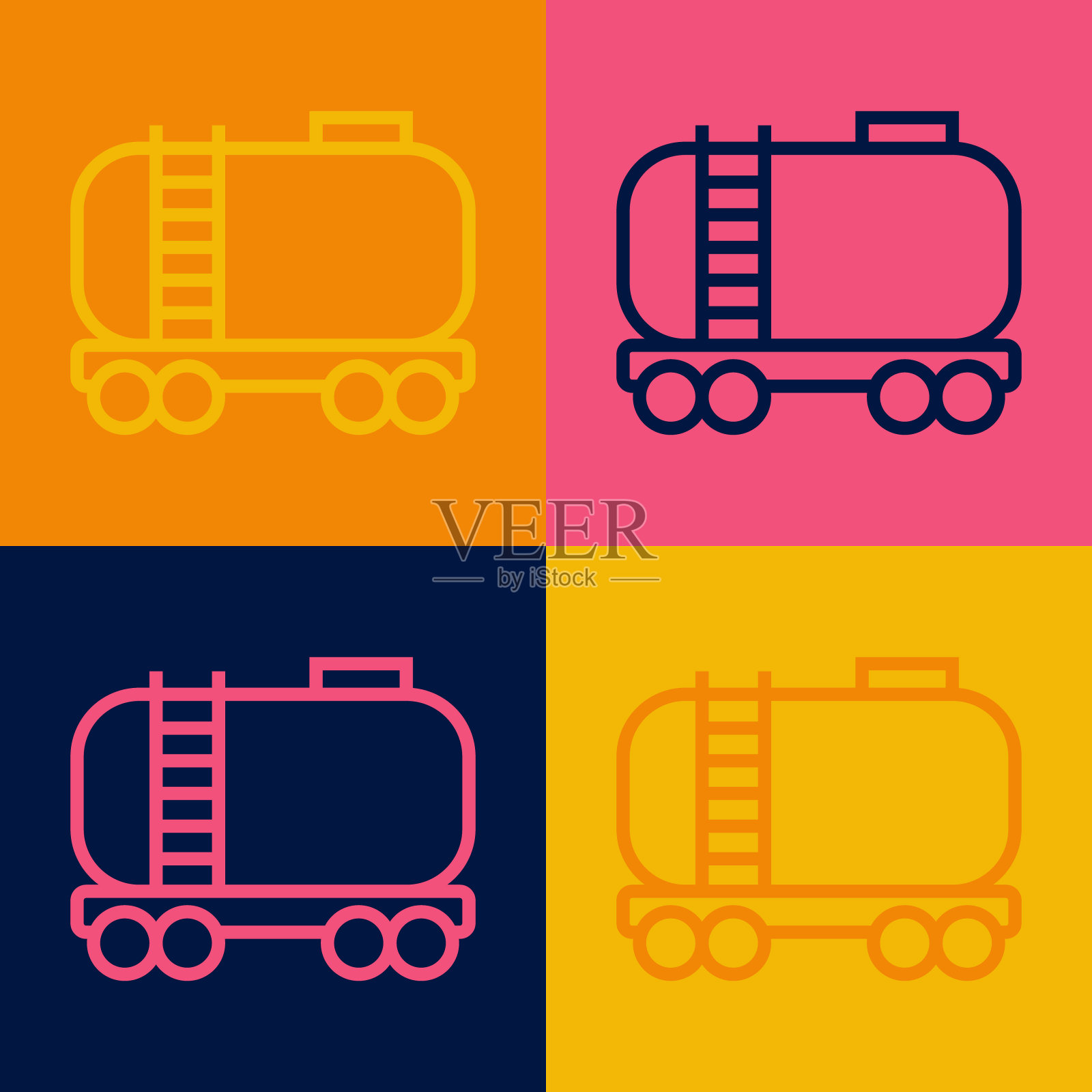 波普艺术线石油铁路水箱图标孤立的颜色背景。火车车厢上的油箱。铁路货运。石油工业。向量图标素材