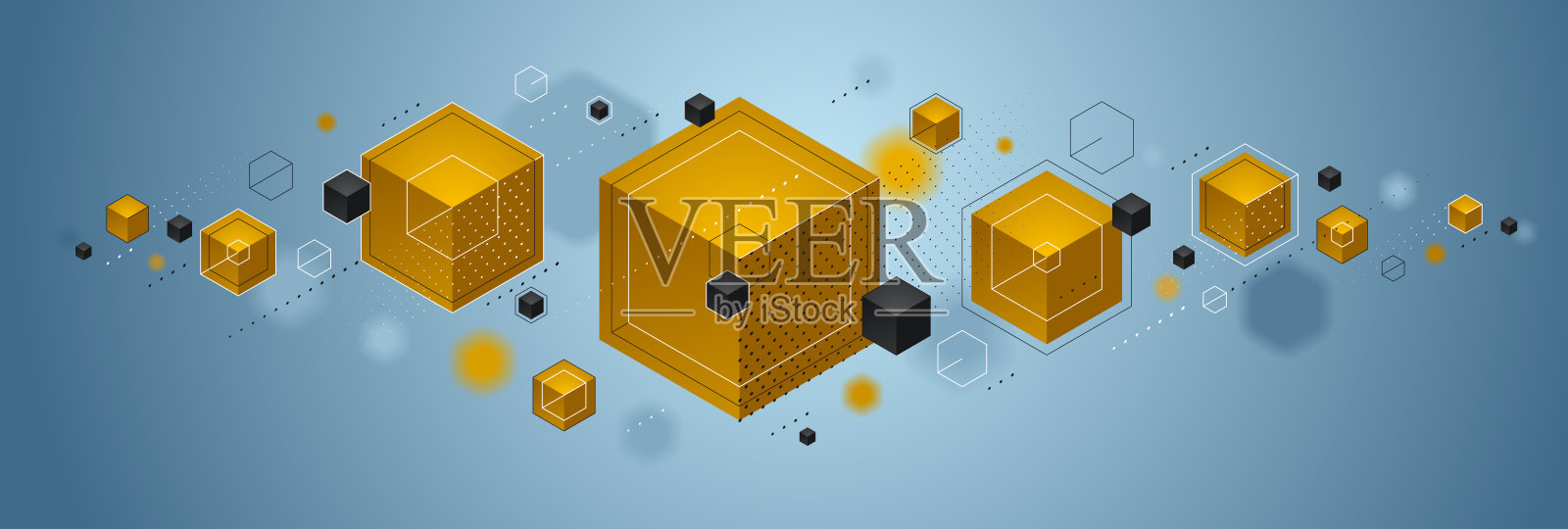 抽象矢量设计用聚类的三维立方体与黄色和蓝色元素进行矢量设计,可以用于技术和科学的抽象艺术。插画图片素材