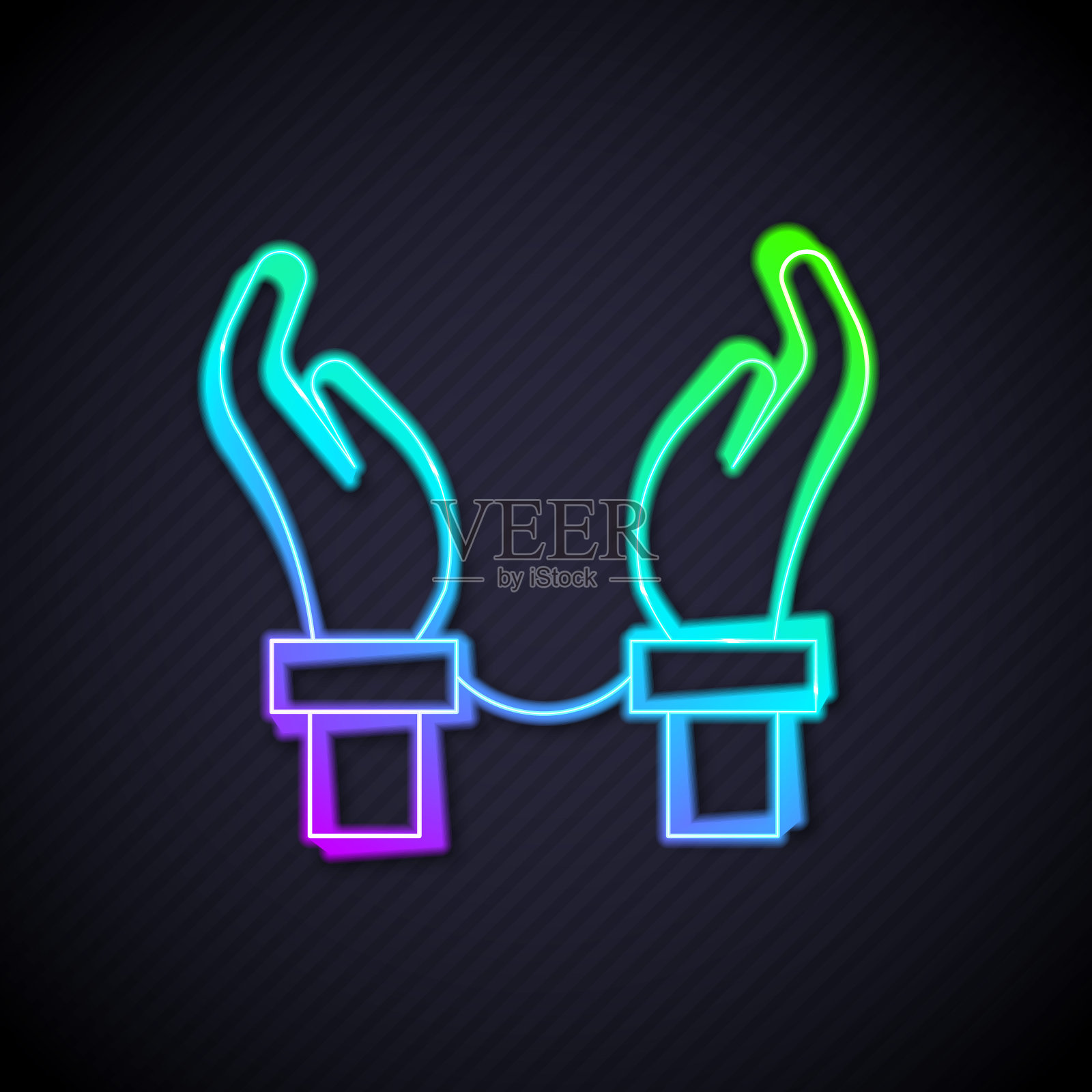 发光的霓虹灯线手铐在手上的罪犯图标孤立在黑色背景上。被捕的男子戴着手铐。一个犯罪、逮捕、商业和腐败的概念。向量设计元素图片