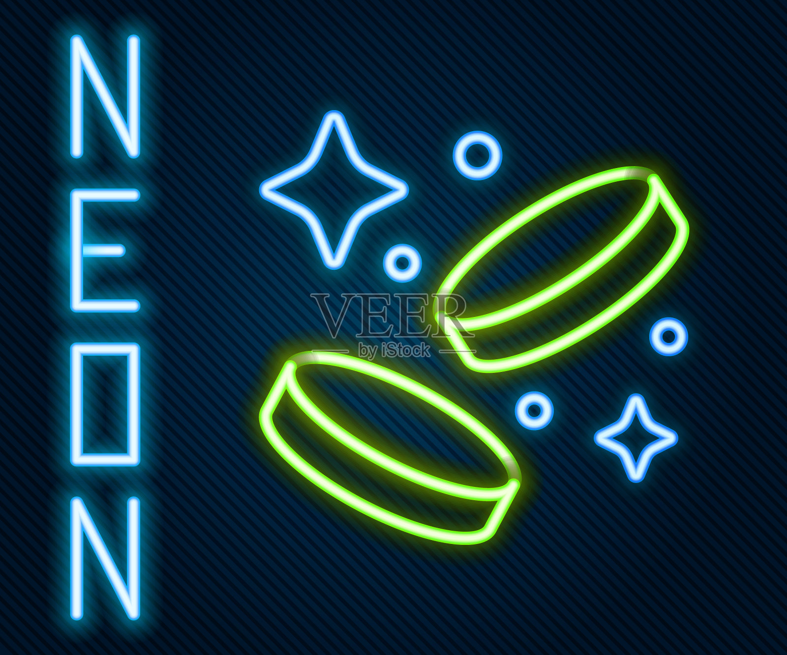 发光的霓虹灯线黄金硬币的图标孤立在黑色的背景上。银行货币符号。现金的象征。色彩斑斓的轮廓的概念。向量插画图片素材