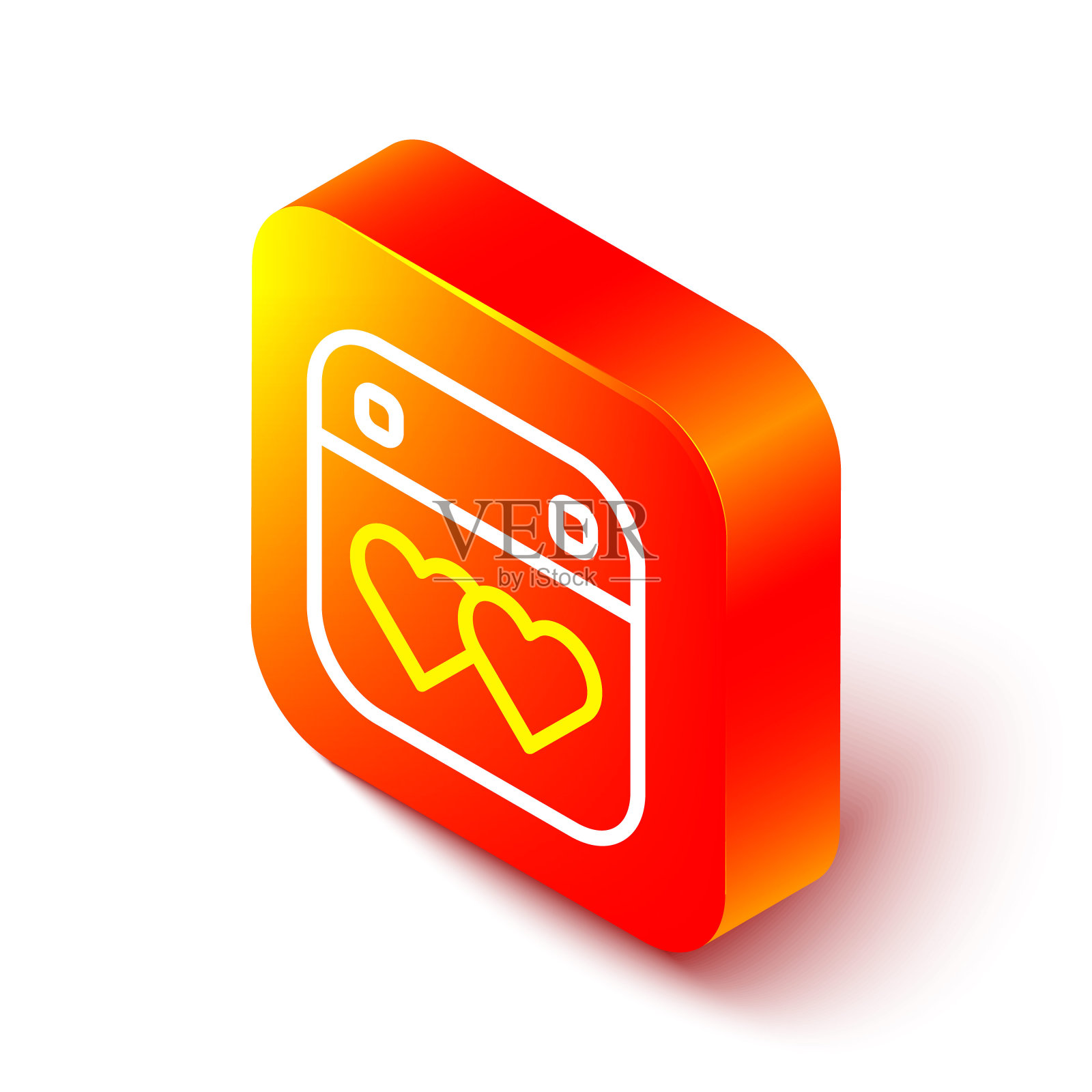 等距线日历与心脏图标孤立在白色背景。情人节。爱的象征。2月14日。橙色平方按钮。向量图标素材