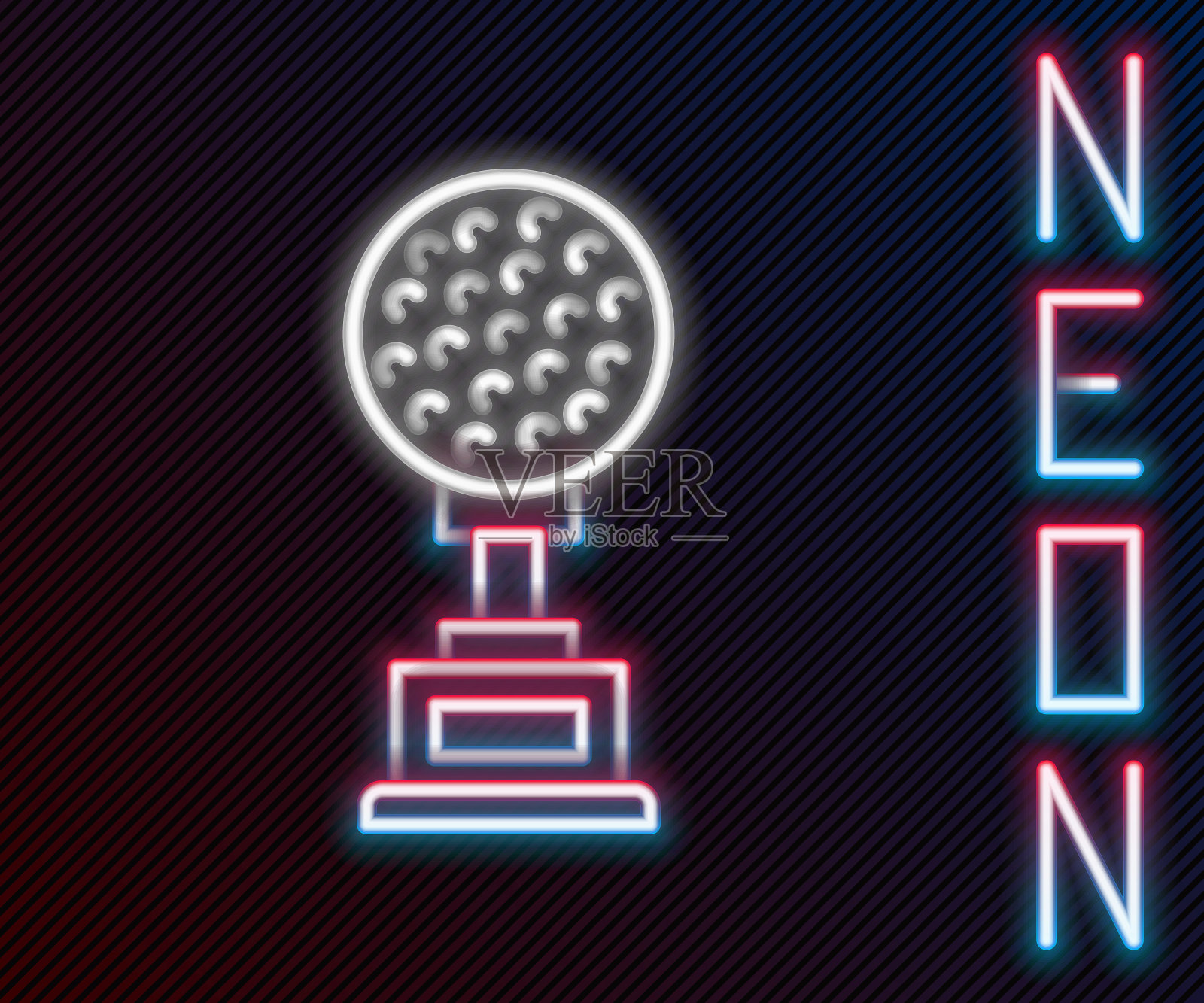 发光的霓虹灯线奖杯与高尔夫图标孤立在黑色背景。冠军奖杯的象征。冠军或竞赛奖杯。体育成就的迹象。色彩斑斓的轮廓的概念。向量插画图片素材