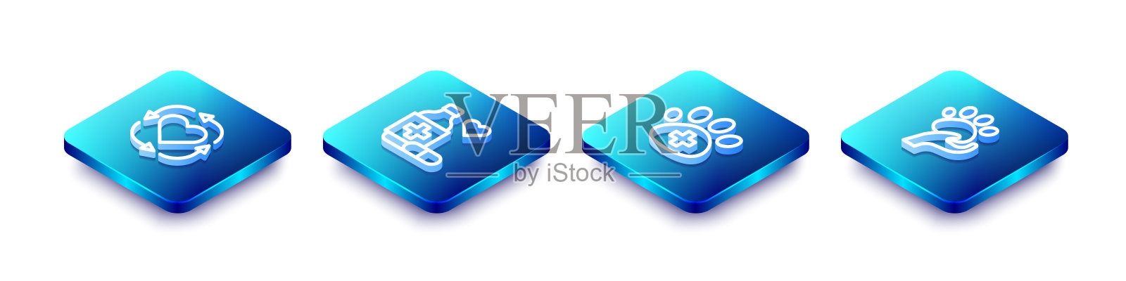 设置等距线志愿者,药瓶和药丸,兽医诊所和动物志愿者图标。向量图标素材