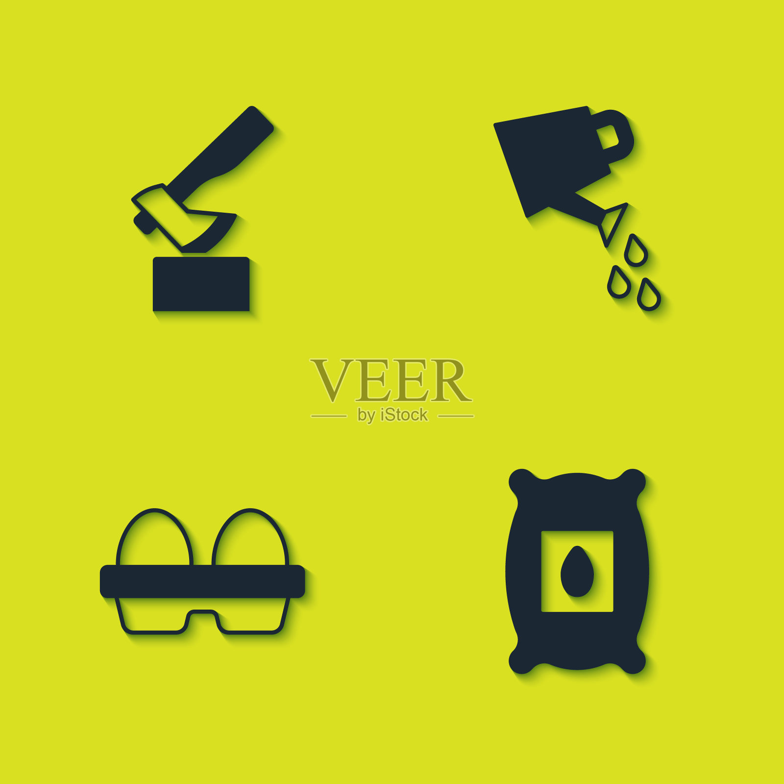 Set Wooden axe, Pack full of seeds of plant, Chicken egg in box and watercan icon。向量图标素材