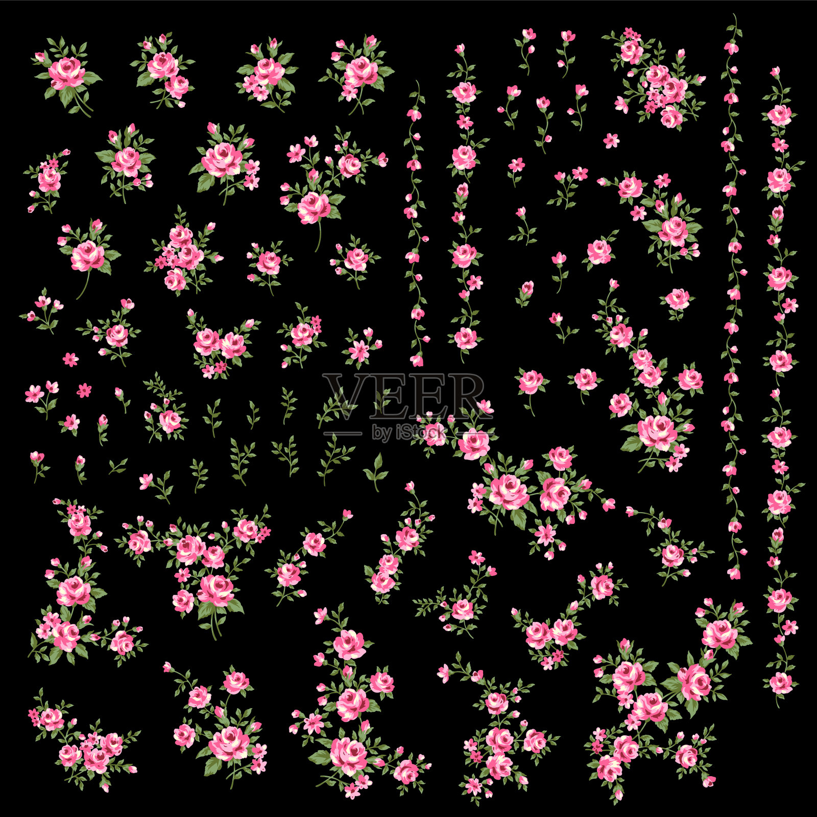 无缝图案与美丽的玫瑰花束,插画图片素材