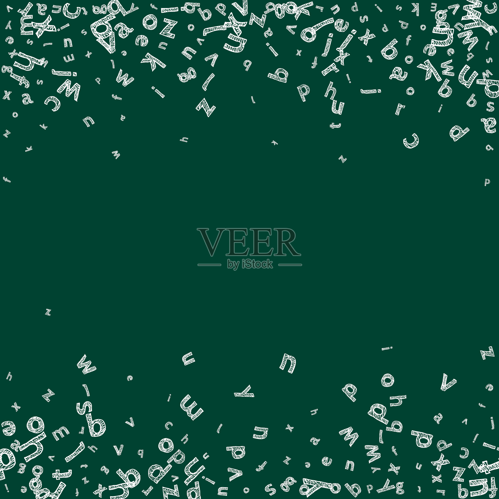 英语中下降的字母。速写粉笔飞字的拉丁字母。外语学习的概念。非凡的回校横幅在黑板的背景上插画图片素材