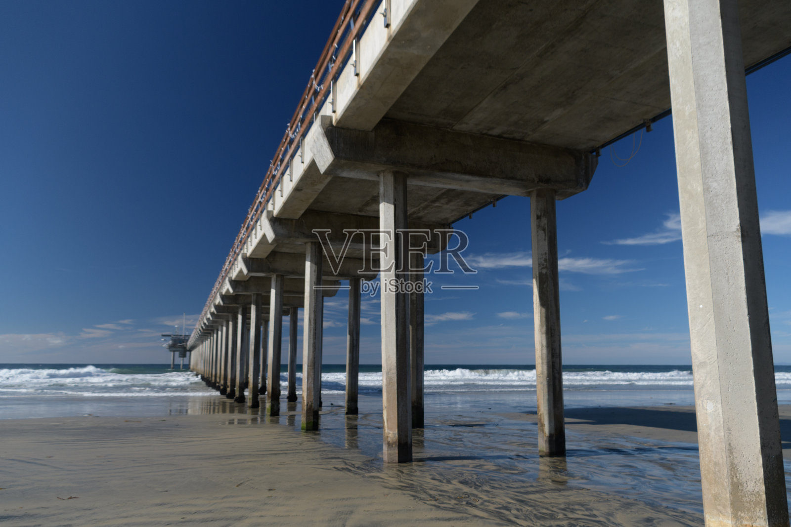 艾伦·布朗宁·斯克里普斯纪念码头附近强劲的海浪照片摄影图片