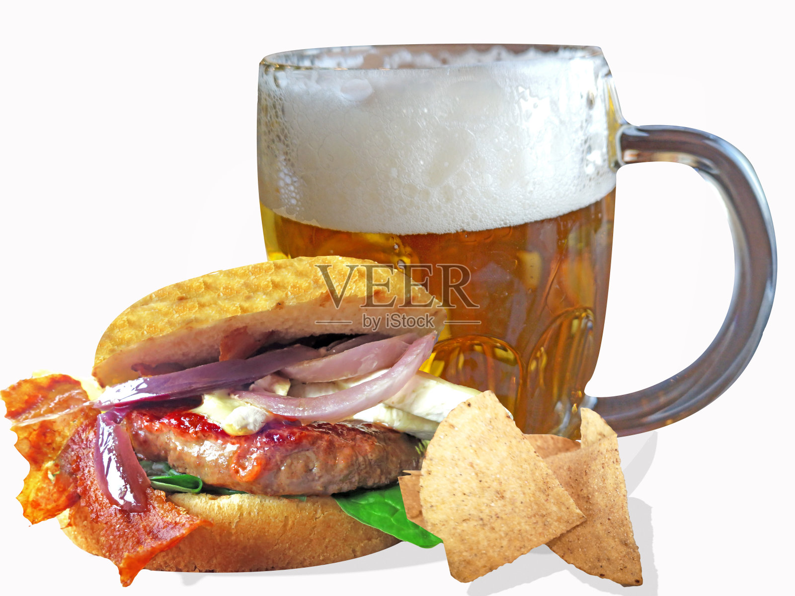 一杯啤酒和汉堡照片摄影图片