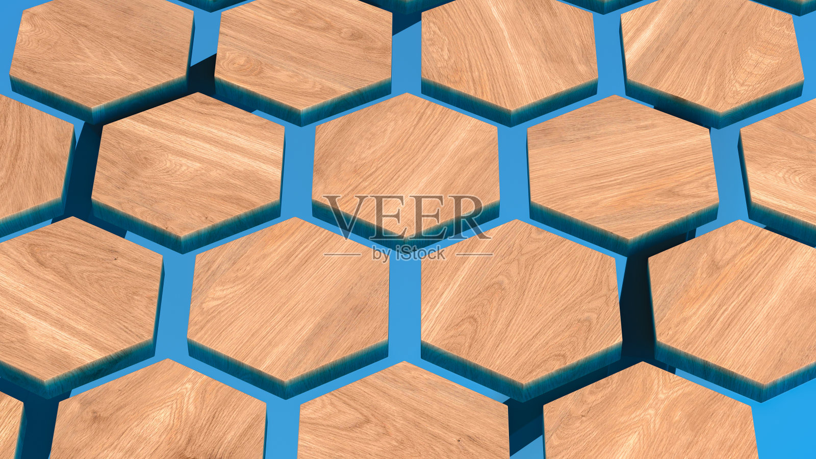 绿色环氧树脂制成的桌子与木制六角形元素。三维渲染照片摄影图片