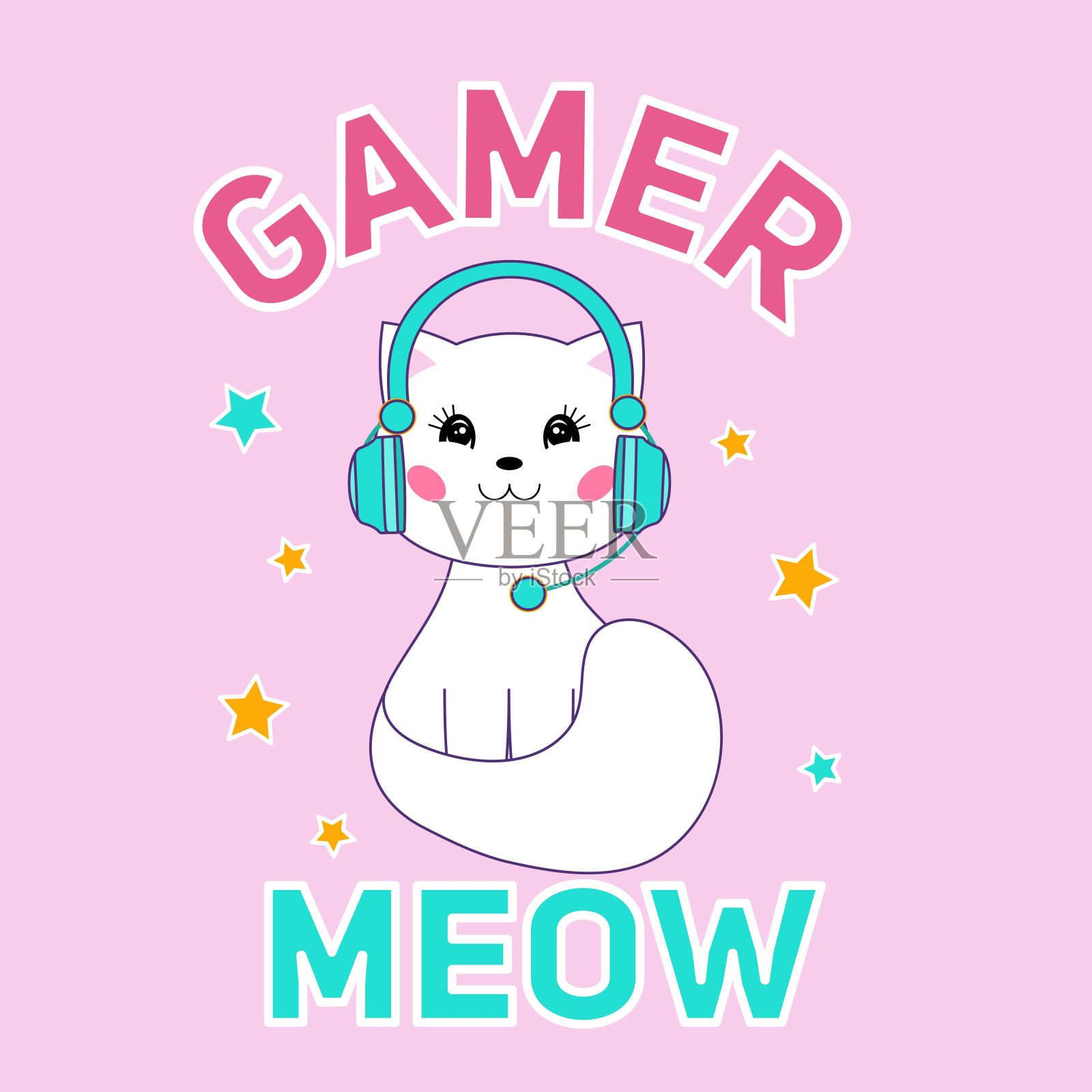 玩家喵可爱的平面风格矢量插图与猫戴着耳机在粉红色的背景插画图片素材