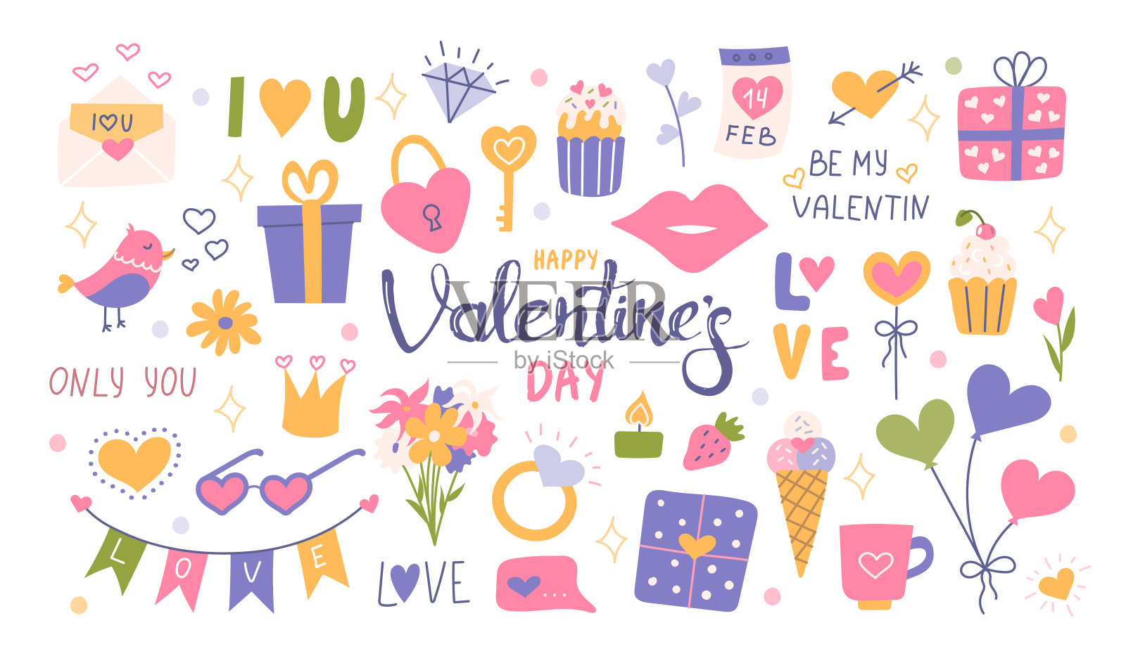 大套情人节装饰元素,爱的象征,短语。矢量平面插图贴纸,明信片插画图片素材