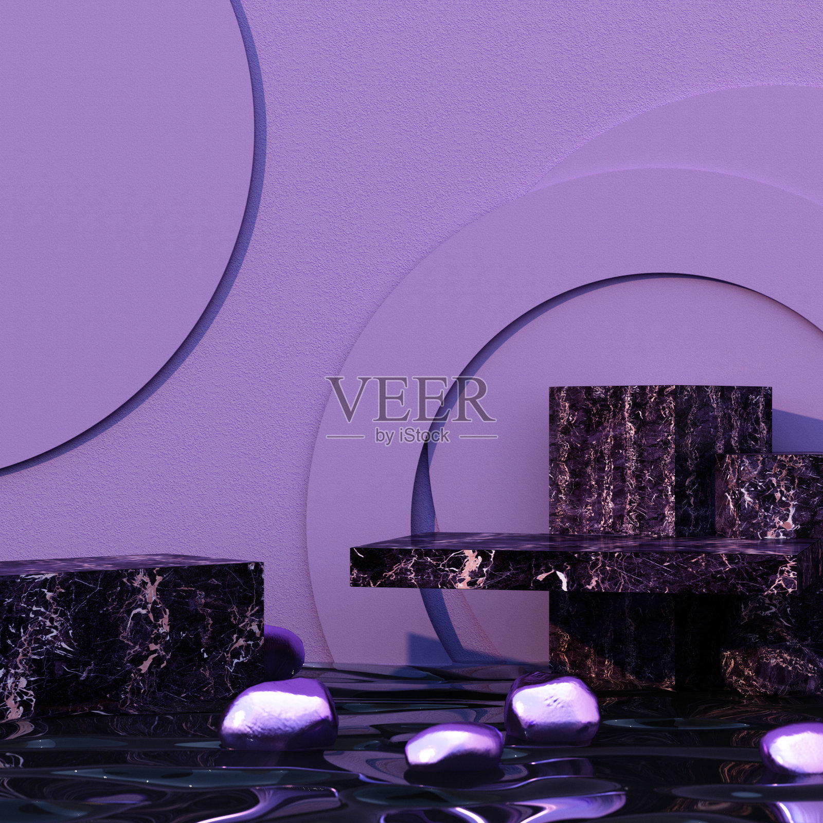 最小的化妆品背景,产品介绍。与石头和黑色大理石紫色金属几何形式和裙楼上黑色水彩混凝土墙背景。3 d渲染插图。照片摄影图片