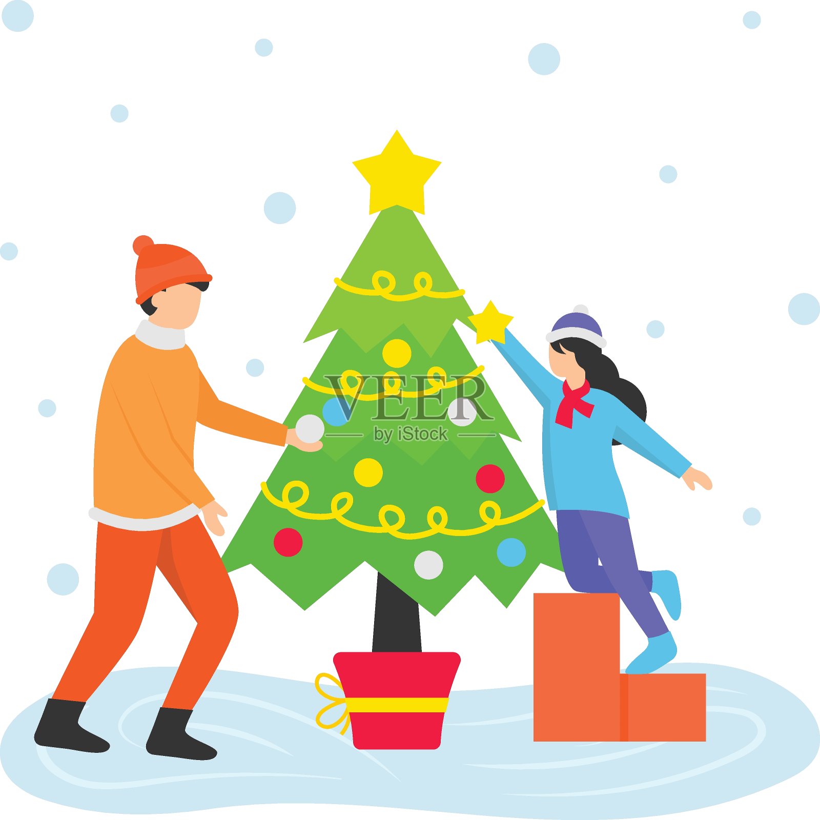 男孩和女孩装饰圣诞树概念矢量颜色图标设计,冬季活动场景符号,冬季标志,节日庆祝在雪山公园股票插图插画图片素材