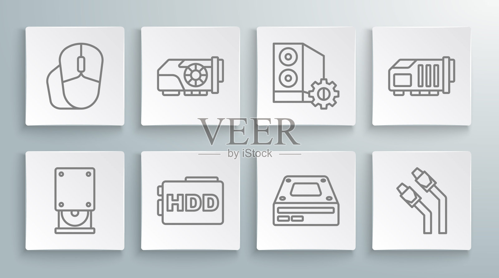 设置光盘驱动器、显卡、硬盘、网线、电脑机箱、电脑鼠标图标。向量图标素材