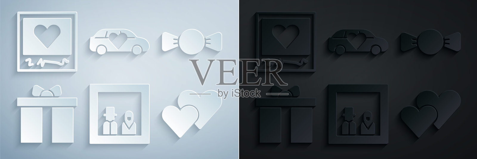 设置家庭照片,领结,礼品盒,心脏,豪华轿车和相框和心脏图标。向量图标素材