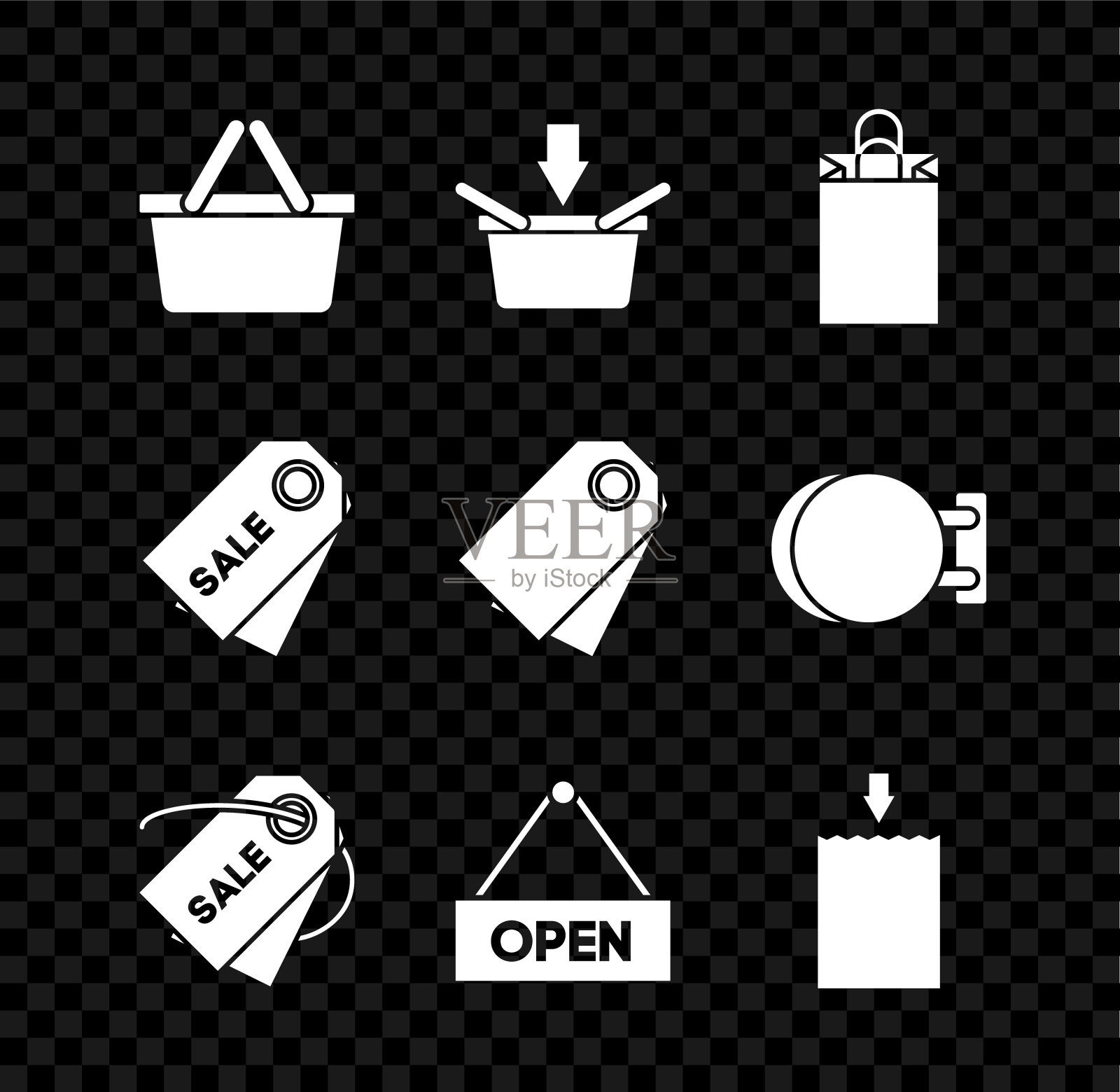 设置购物篮,纸购物袋,价格标签铭文销售,悬挂标志文本开门,和空白标签模板价格图标。向量图标素材