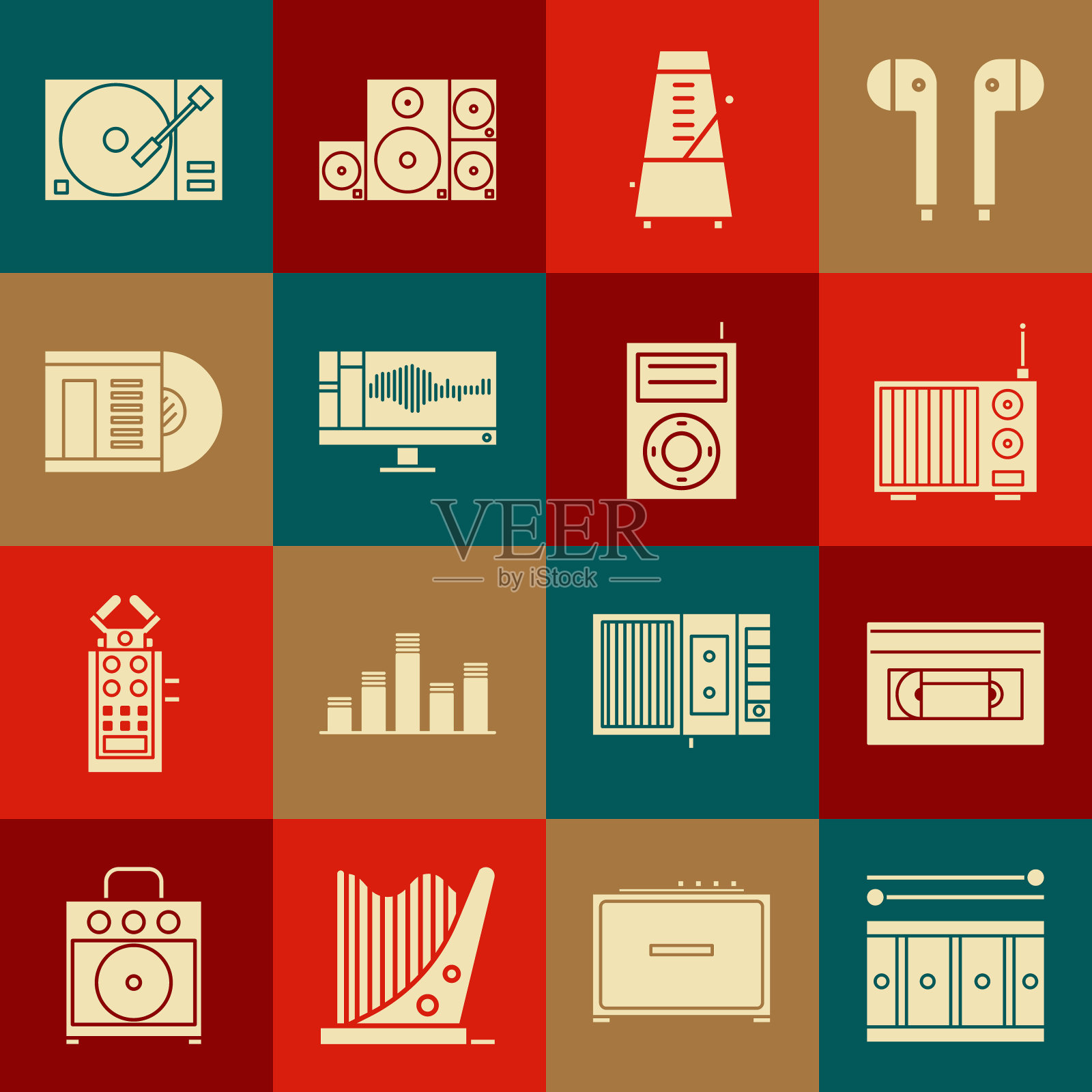 设置鼓鼓棒,VHS录像带,无线电天线,运动节拍器钟摆,声音或音频记录器监视器,光盘,播放器乙烯基和音乐MP3图标。向量图标素材